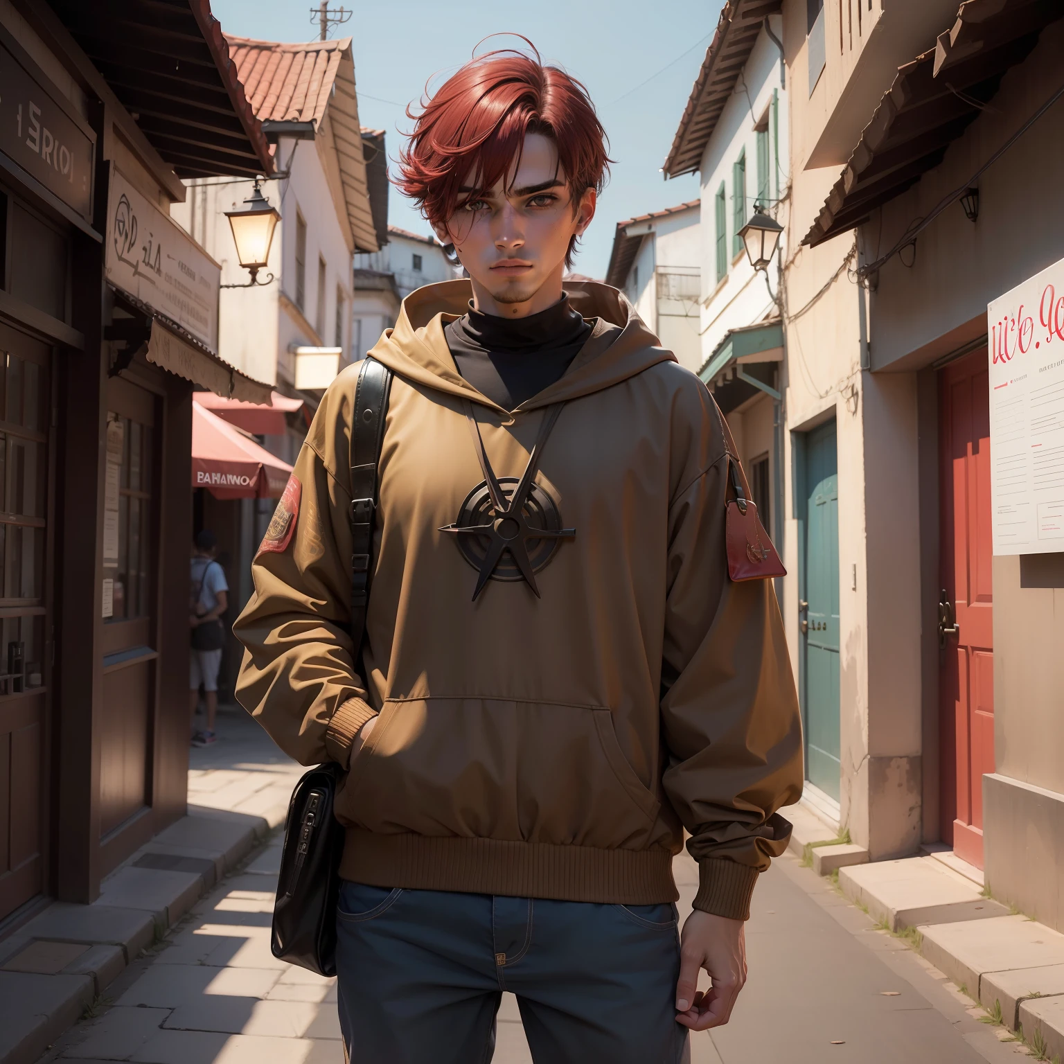 ((estilo Arcane)) homem , asymmetrical bangs, franja, cabelo vermelha, moletom amarelo, olhando para o espectador, homem jovem, olhar louco, noite, cidade, cabelo longo, olhos cor de rosa, solo, standing, parte superior do corpo, \(liga de lendas\)