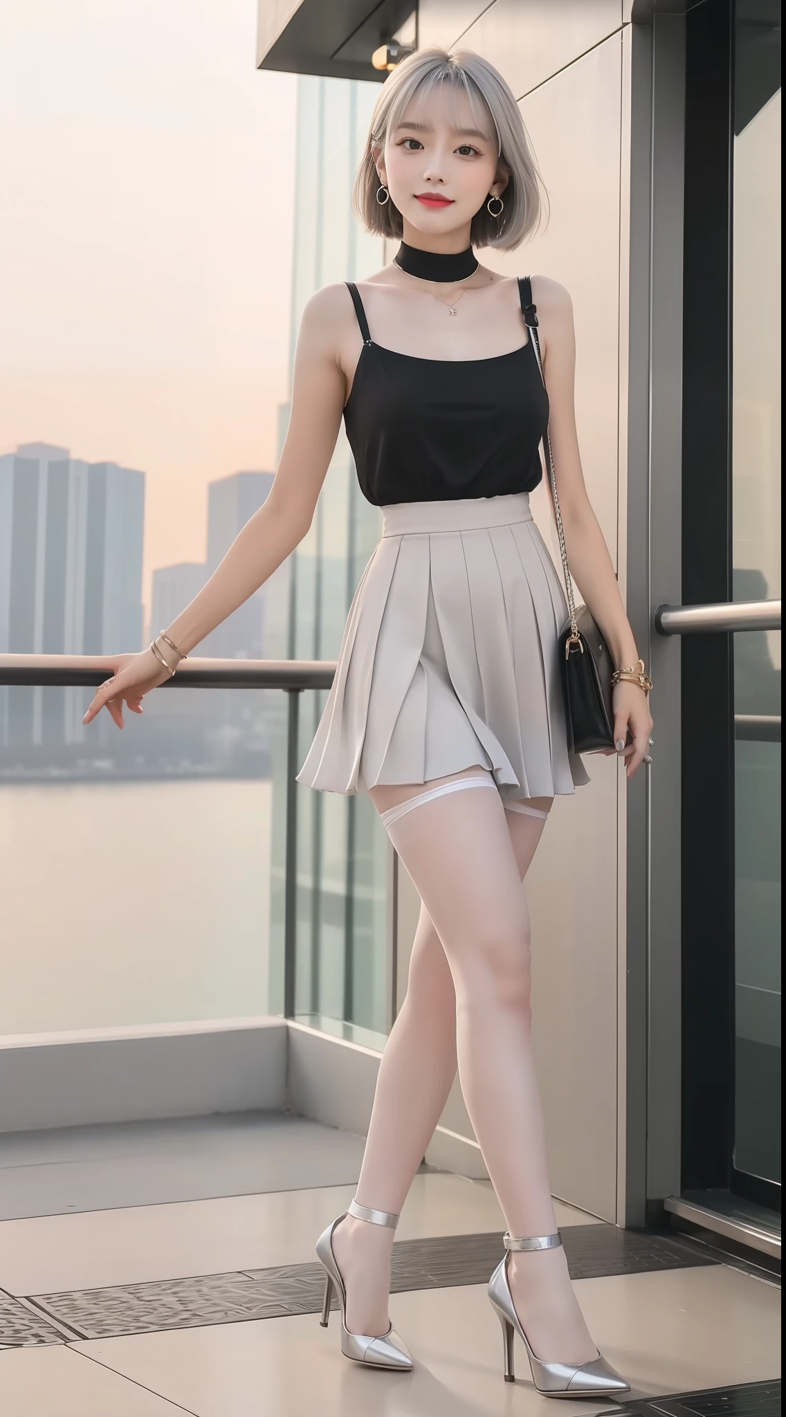 (Leng Yan Royal Sister 1.5),(true to life,Photorealistic 1.5),((best qualtiy, 8K, tmasterpiece:1.3)),SLR camera (二重まぶた,largeeyes:1.3),(smile1.5),(Full body photo 1.5)(One person 1.5)Clear focus 1.2, Perfect body beauty:1.4 , Delicate skin1.1,(Short silver-white hair 1.6),(Bangs 1.4),(Pure desire 1.3)(Black pantyhose 1.5)(The leg length is one meter two,1.5),Suspender chiffon top,Black sunglasses,Pleated skirt legs are slim,high-heels,With earrings,Wristband jade bracelet,Luxury cruise ships