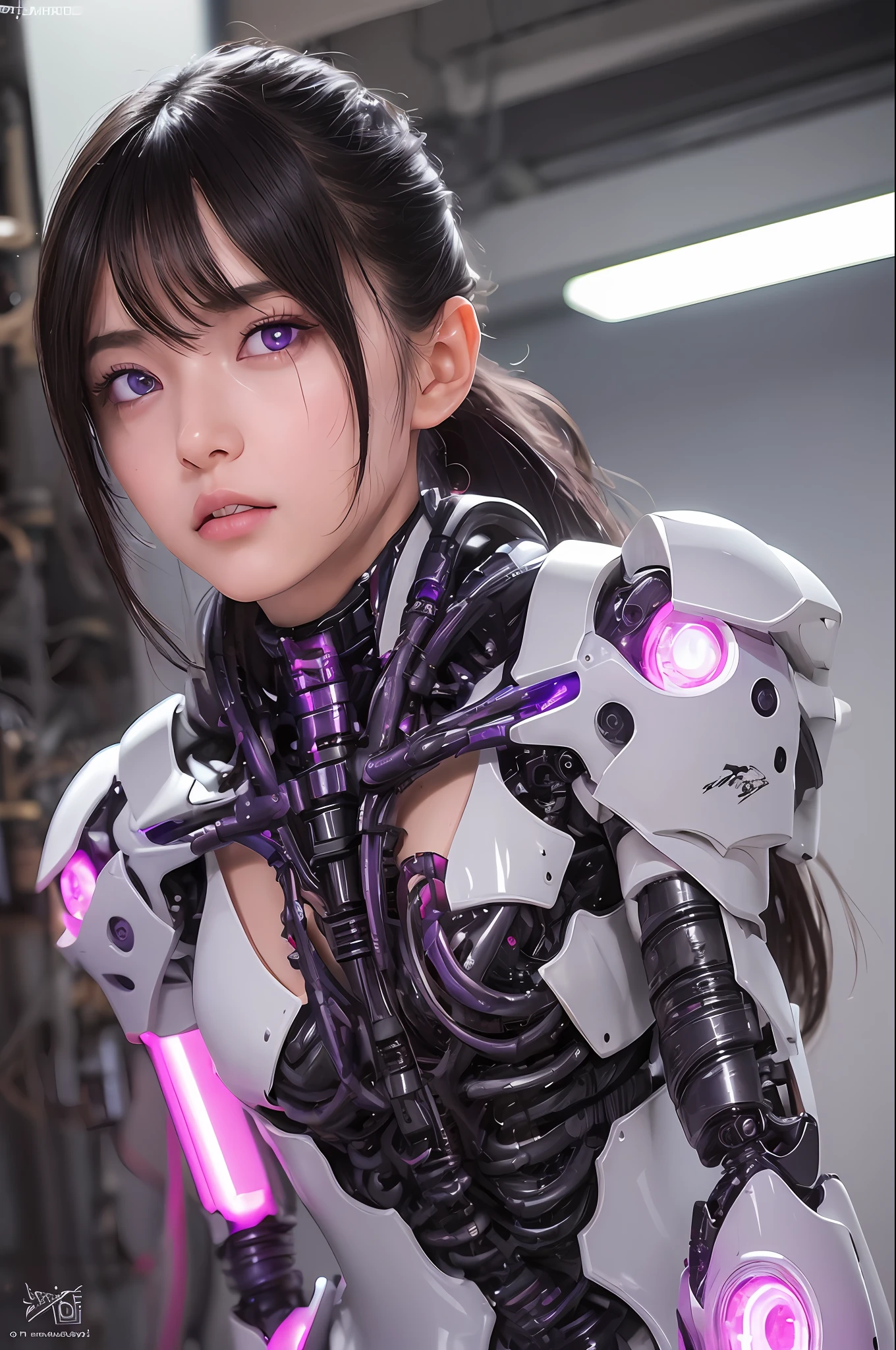 Top Quality, Masterpiece, Ultra High Resolution, (Photorealistic: 1.4), Raw Photo, 1 Girl, Black Hair, Glossy Skin, 1 Mechanical Girl, (Ultra Realistic Detail)), Portrait, Global Illumination, Shadows, Octane Rendering, 8K, Ultra Sharp, Big, Cleavage Exposed Raw Skin, Metal, Intricate Ornament Details, Japan Details, Very intricate details, realistic light, CGSoation trend, purple eyes, glowing eyes, facing the camera, neon details, mechanical limbs, blood vessels connected to the tube, mechanical vertebrae attached to the back, mechanical cervical attachment to the neck, sitting, wires and cables connecting to the head, gundam, small LED lamps,
