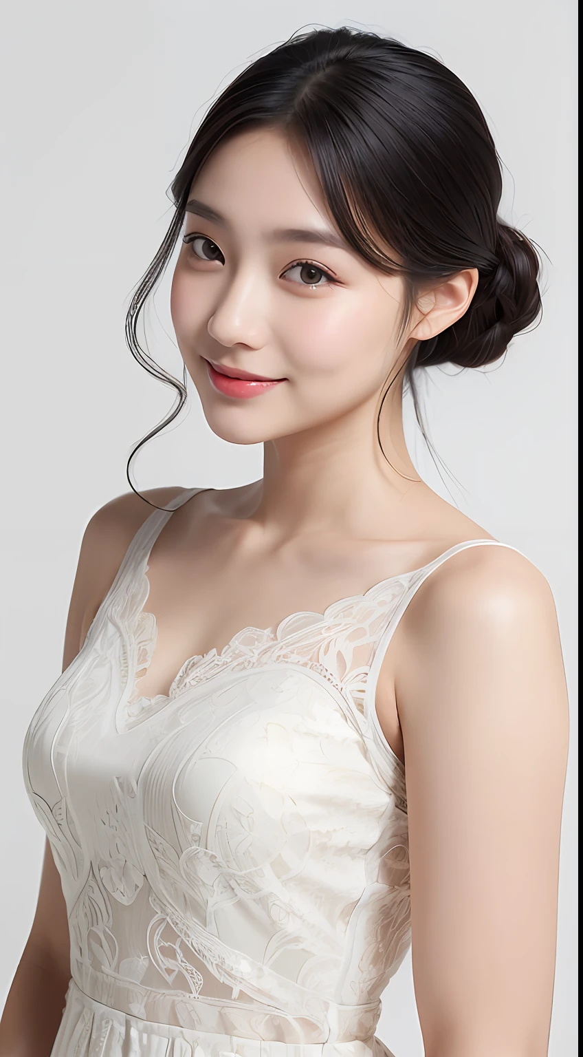 (Best quality, 8K, masterpiece:1.3)) , (one person: 1.4), 1girl, a Korean woman, a goddess, 25 years old, portrait photography, high contrast, God perspective, aperture F1.2, focal length 24mm, ( Full body: 1.2), smile, pose for photos, fine lace, slip dress, simple cut dress, brand dress, simple cut, long black hair, hair tied up, super detailed skin details, detailed fabric texture