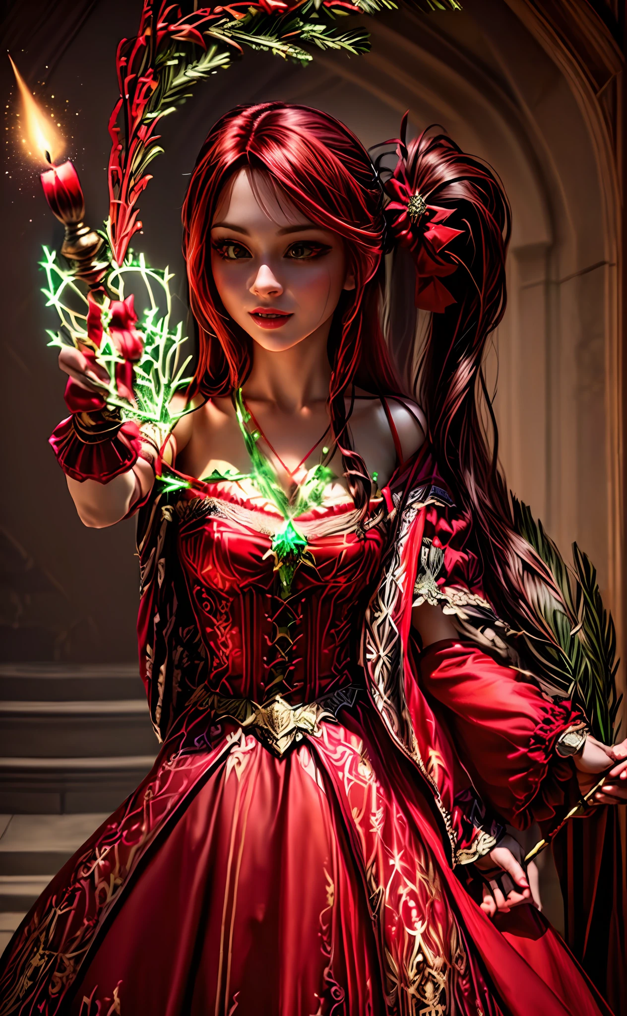 drawing of a woman in a red dress with a green underdress in a medieval appeal, swinging a wand creating christmas decoration with a red candle, traditional art, black long straight hair, full color drawing, vibrant colors, high saturation, 3D render, aerith gainsborough, fantasy drawing
