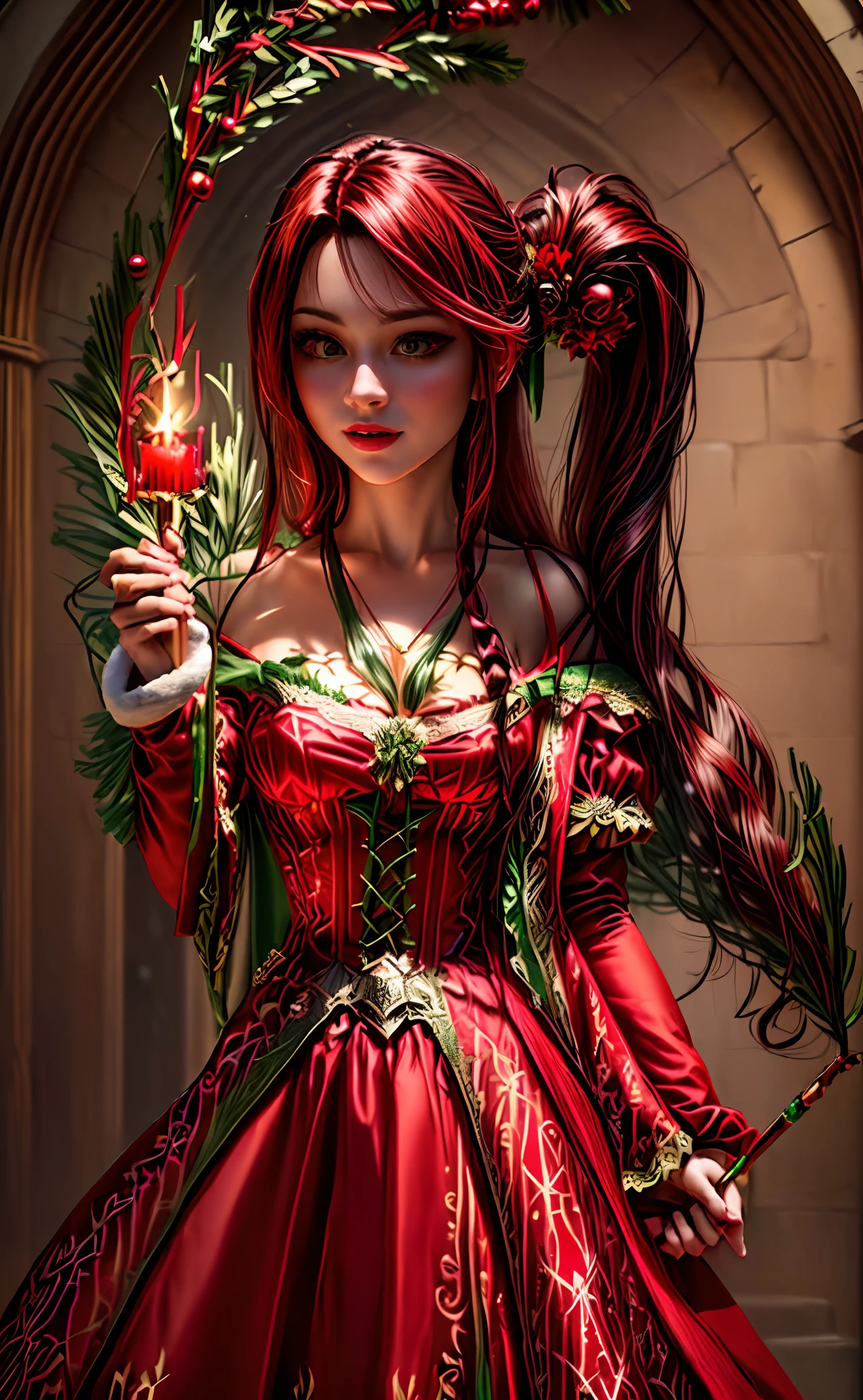 drawing of a woman in a red dress with a green underdress in a medieval appeal, swinging a wand creating christmas decoration with a red candle, traditional art, black long straight hair, full color drawing, vibrant colors, high saturation, 3D render, aerith gainsborough, fantasy drawing