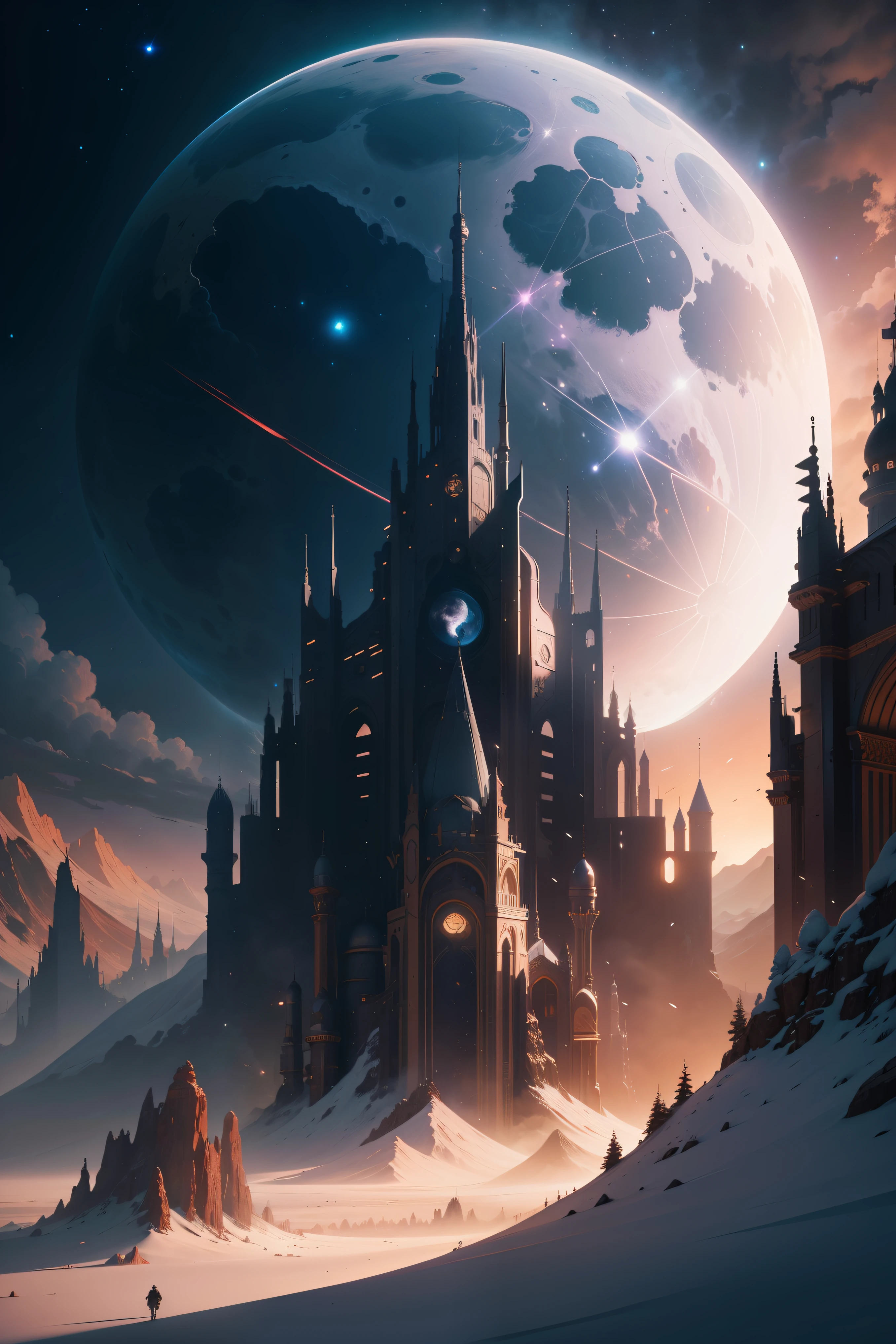 grupo de astronautas construyendo un edificio en la superficie de la luna, arte digital altamente detallado 4K, fondo de pantalla 4K HD muy detallado, impressive fantasy landscape, sci-fi fantasy desktop wallpaper, fondo de pantalla de escritorio de Unreal Engine 4K, Arte digital detallado 4K, sci-fi fantasy wallpaper, Dreamy epic fantasy landscape, pintura digital mate 4K HD, obras de arte impresionantes de 8K