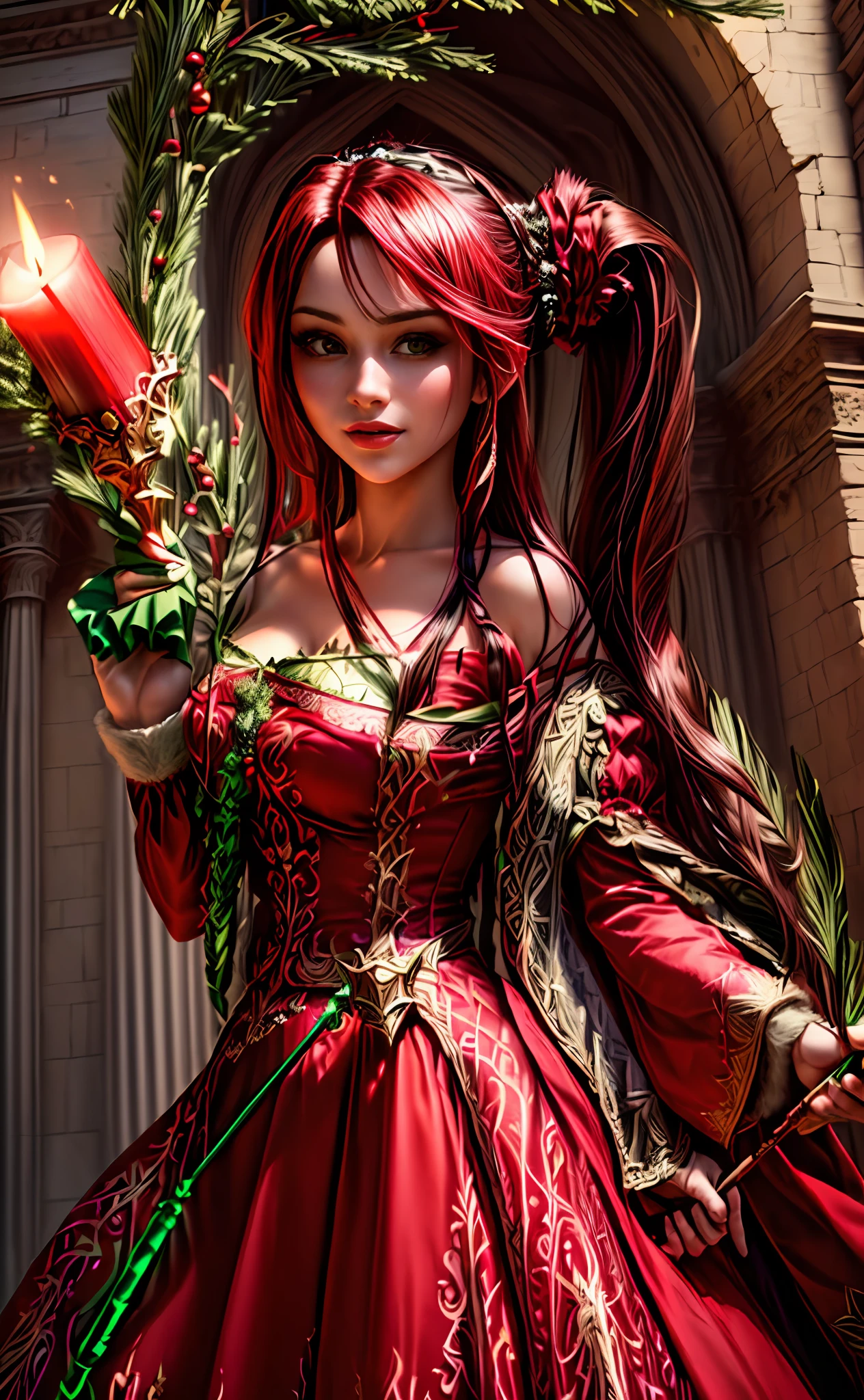 drawing of a woman in a red dress with a green underdress in a medieval appeal, swinging a wand creating christmas decoration with a red candle, traditional art, black long straight hair, full color drawing, vibrant colors, high saturation, 3D render, aerith gainsborough, fantasy drawing