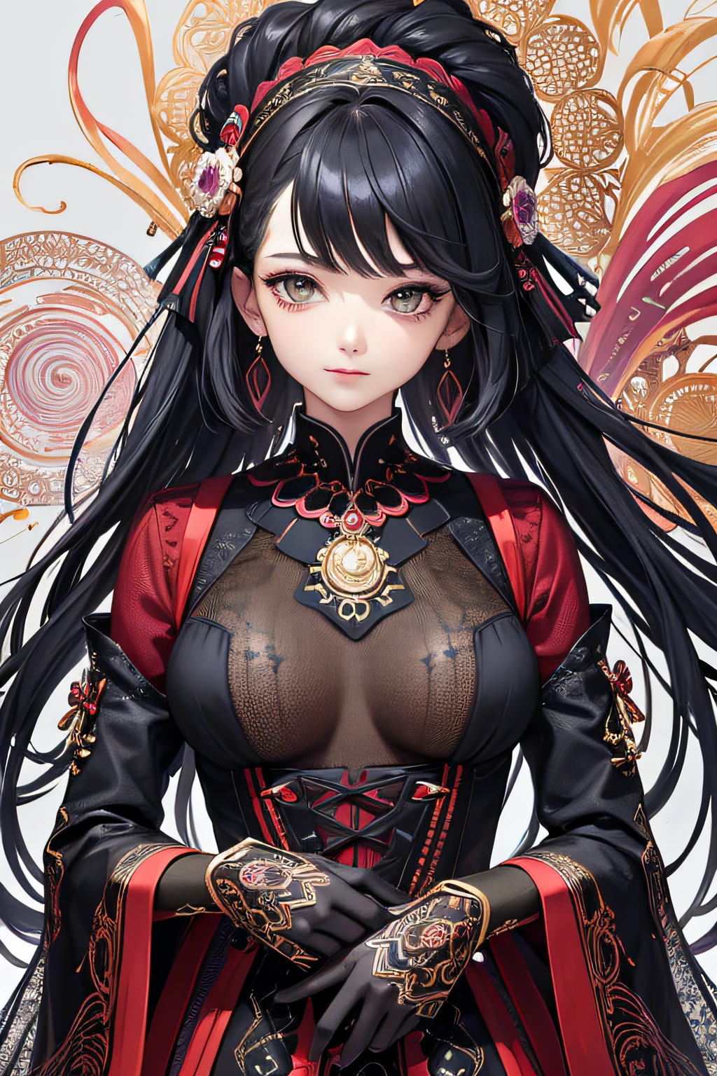（（（tmasterpiece，top Quority，black color hair））），best qualtiy，offcial art，Beauty and aesthetics：1.2），（1girl：1.3），The is very detailed，（s fractal art：1.2），extremely colorful，Most detailed，（zentangle：1.2），（dynamicposes） , (abstract backgrounds:1.5), (traditionalcostumes:1.2), (shiny skins), (many color:1.4), The upper part of the body