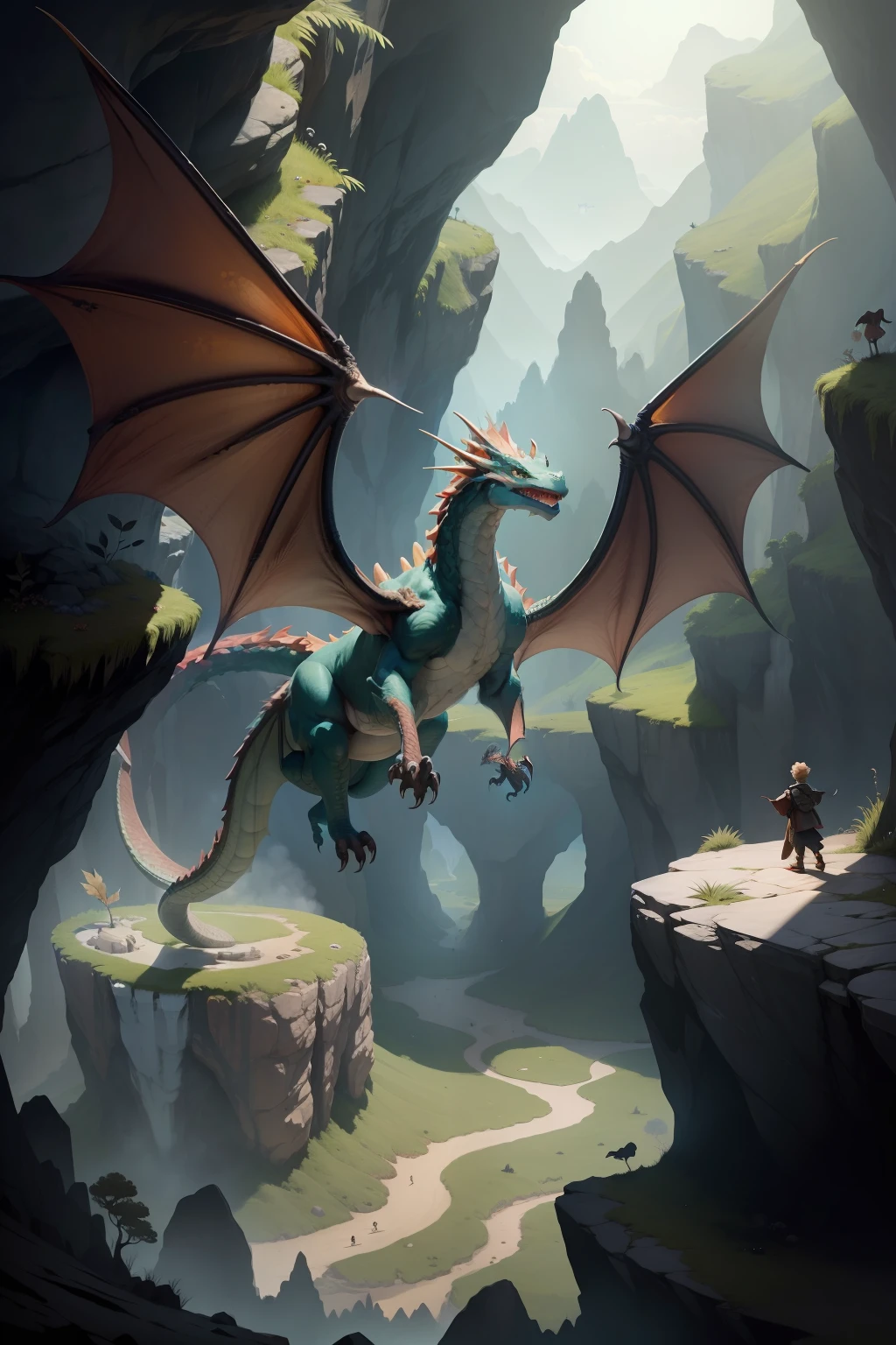 A dragon flying over a cave spots a boy