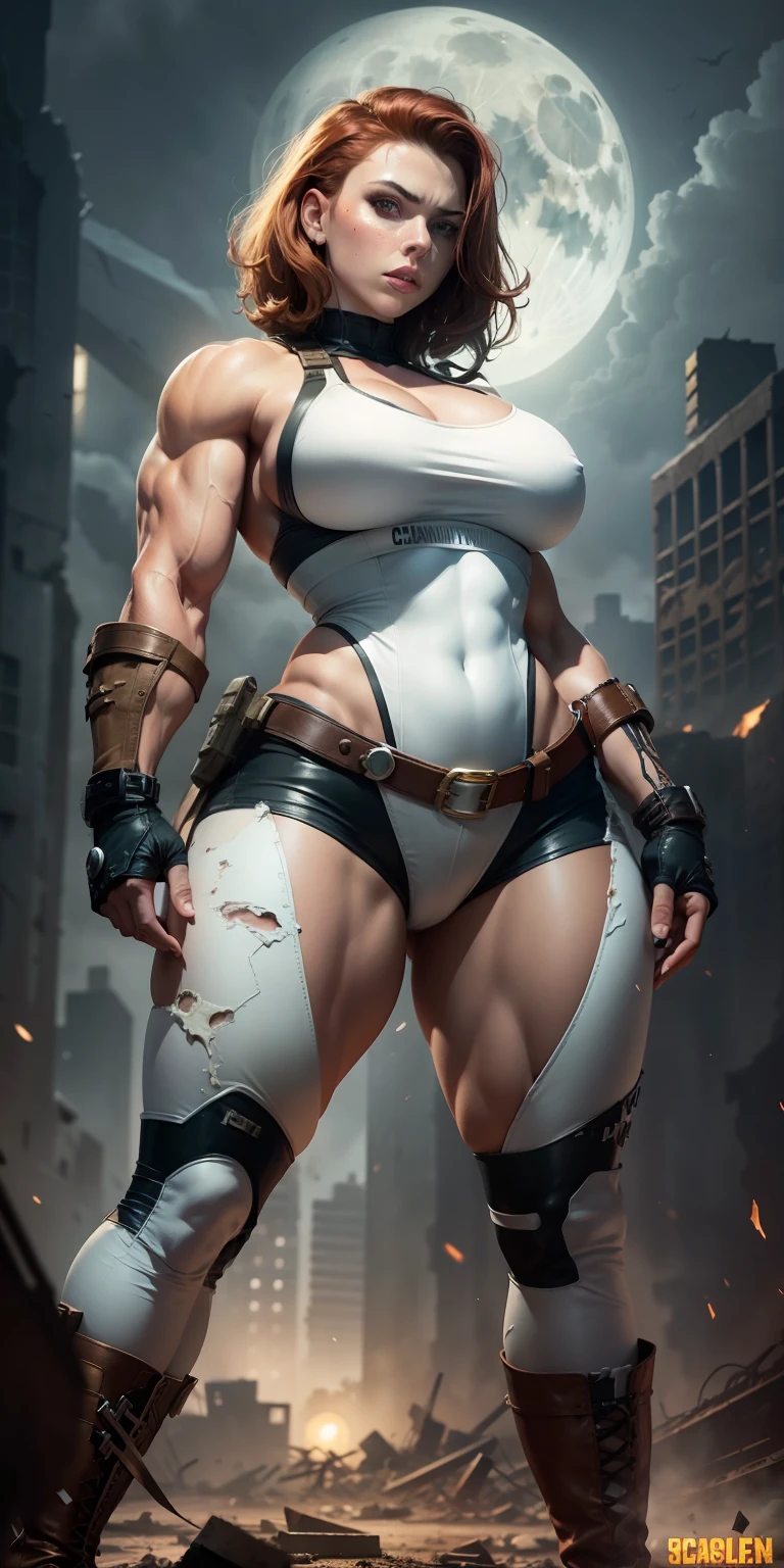 Movie poster, character design (Scarlet Johansson) wearing a dessert combat uniform, standing alone in the ruins of the apocalypse, with a cool expression, muscular woman hero, heroic female pose, tall and burly, muscular! Wearing sexy bra, (big breast:1.4), sexy charming muscular leg muscles, tall burly, creamy white combat suit, super gain and cool, high resolution committee, cream combat boots, attractive strong female, bright moonlight on the body, lonely