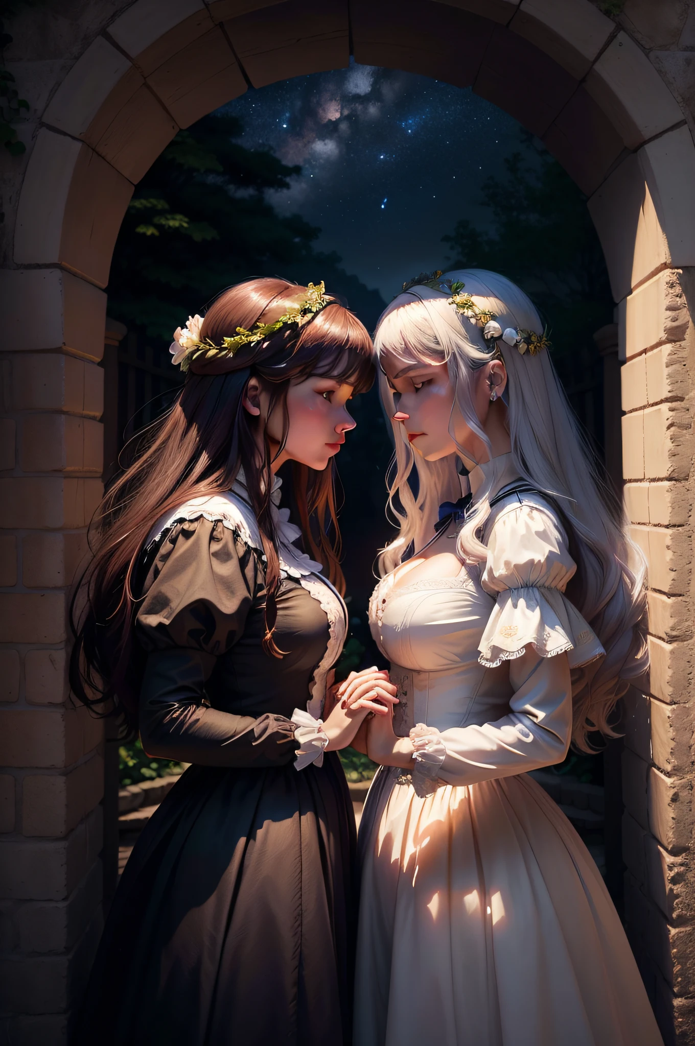 "(melhor qualidade, master part) Create an image of a secret garden with a romantic mood over a starry sky, depicting a forbidden love between a lesbian couple in the last century, with period clothes and a soft beauty, como uma cena de filme."