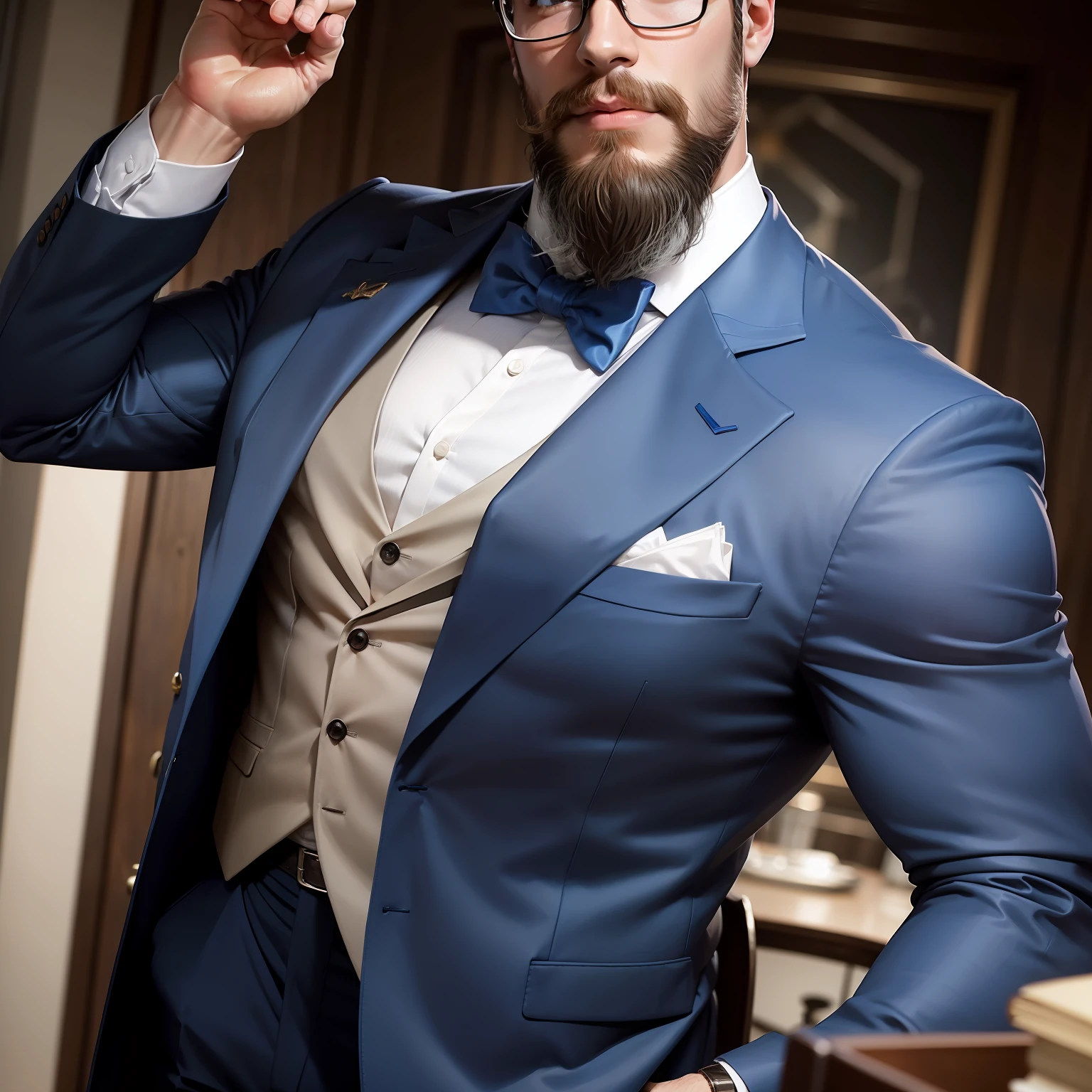 "Stylish and confident, this dapper gentleman rocks a blue suit, showcasing his full-bodied charm and distinguished salt-and-pepper beard."