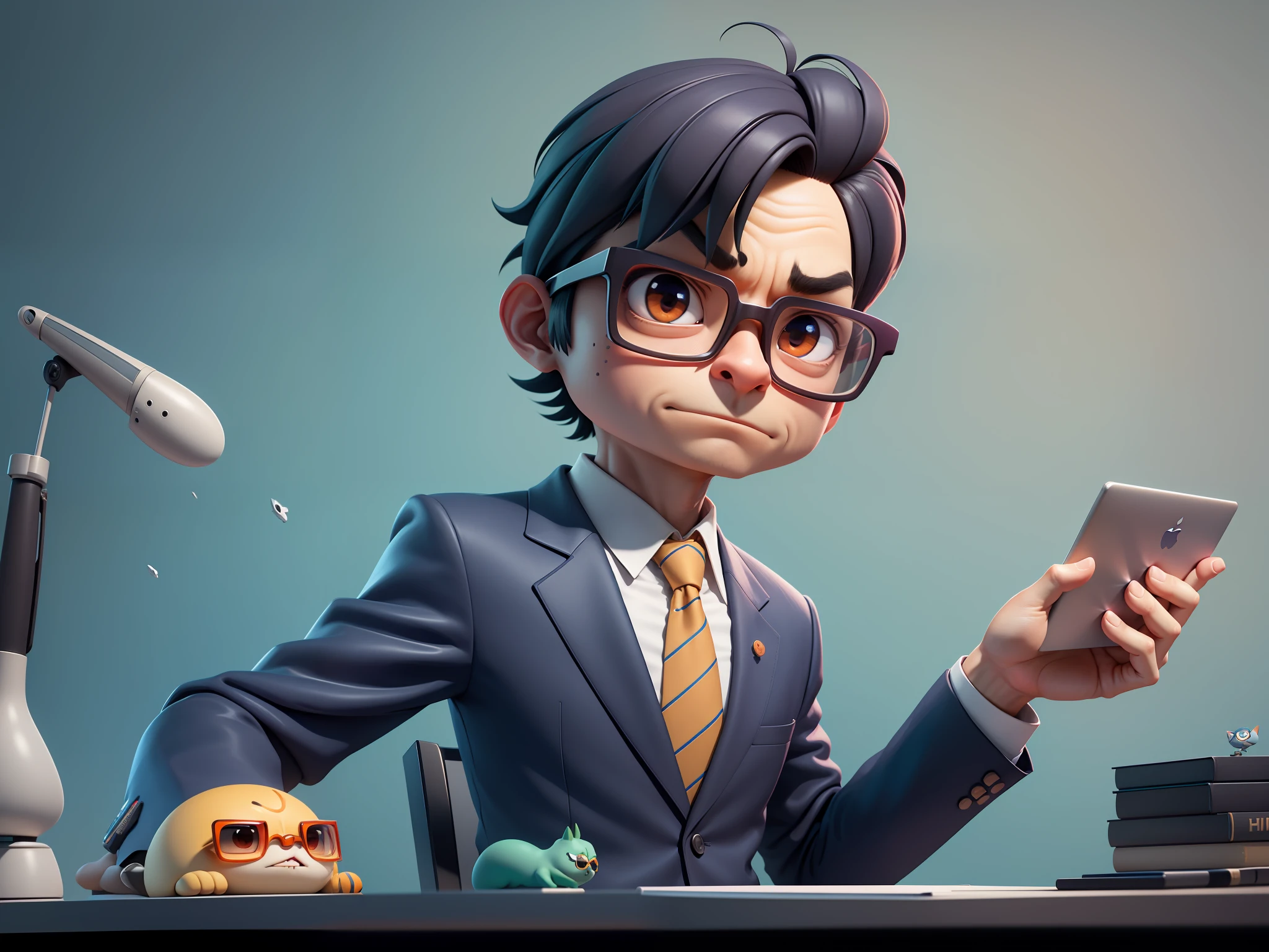 A young man in a suit, Short hair and glasses sat at his desk,holding laptop,digitial painting,tigre,3D character design by Mark Clairen and Pixar and Hayao Miyazaki and Akira Toriyama,4K HD illustration,Very detailed facial features and cartoon-style visuals。