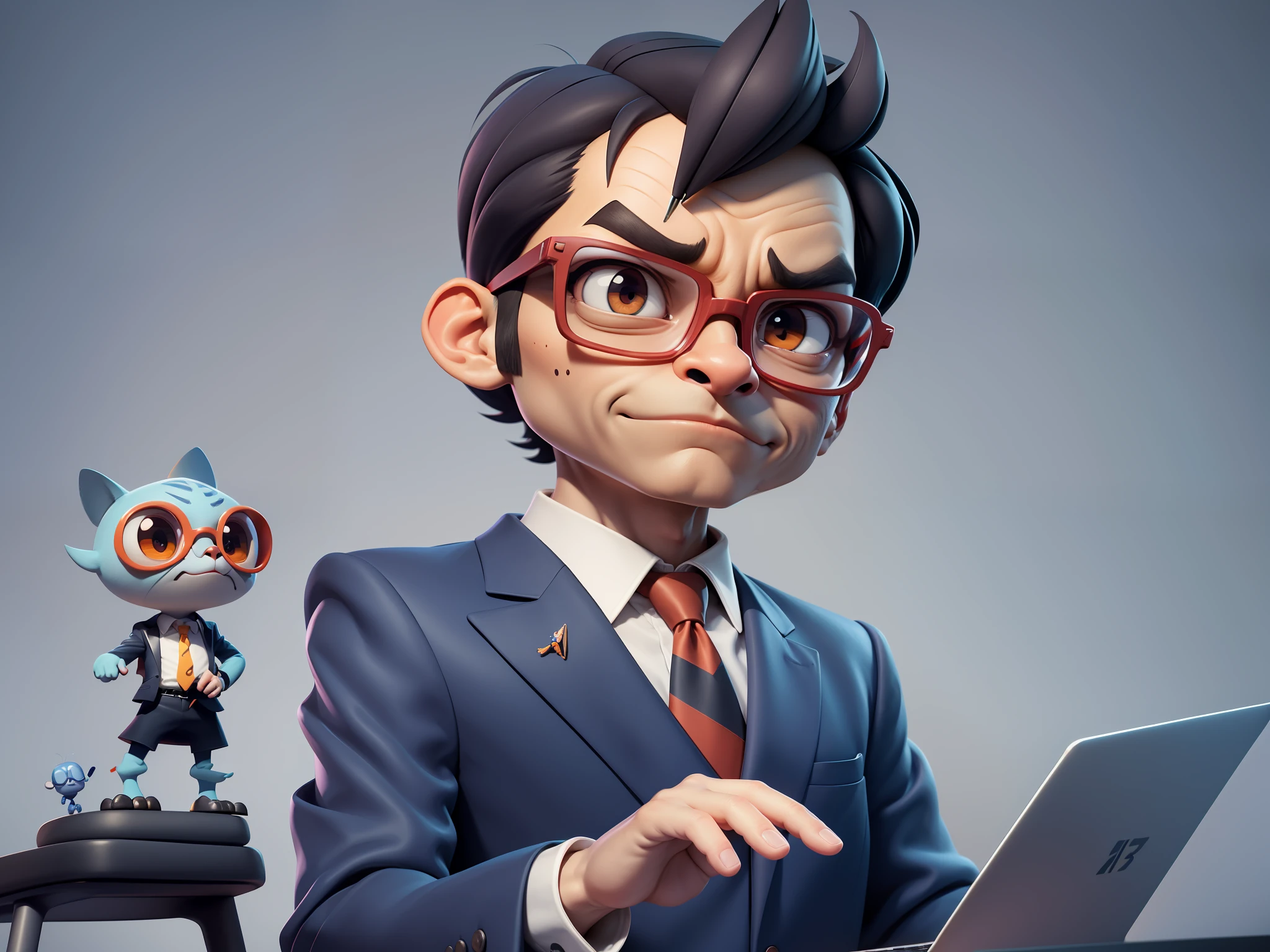 A young man in a suit, Short hair and glasses sat at his desk，holding laptop，digitial painting，tigre，3D character design by Mark Clairen and Pixar and Hayao Miyazaki and Akira Toriyama，4K HD illustration，Very detailed facial features and cartoon-style visuals。
