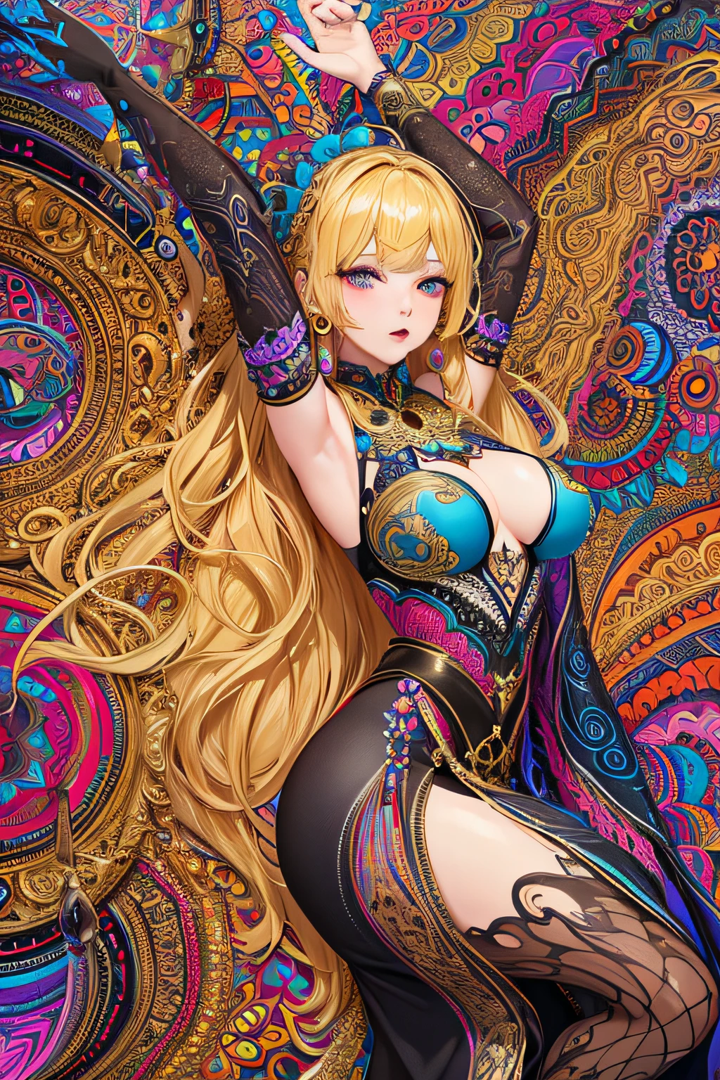 Close up of a woman in costume lying on colorful background, Detailed digital anime art, 8K high quality detailed art, high detailed official artwork, intricate ornate anime cgi style, Detailed anime artwork, Detailed key anime art, detailed anime art, Anime goddess, a beautiful fantasy empress, Kushatt Krenz Key Art Women, adorned in majestic attire