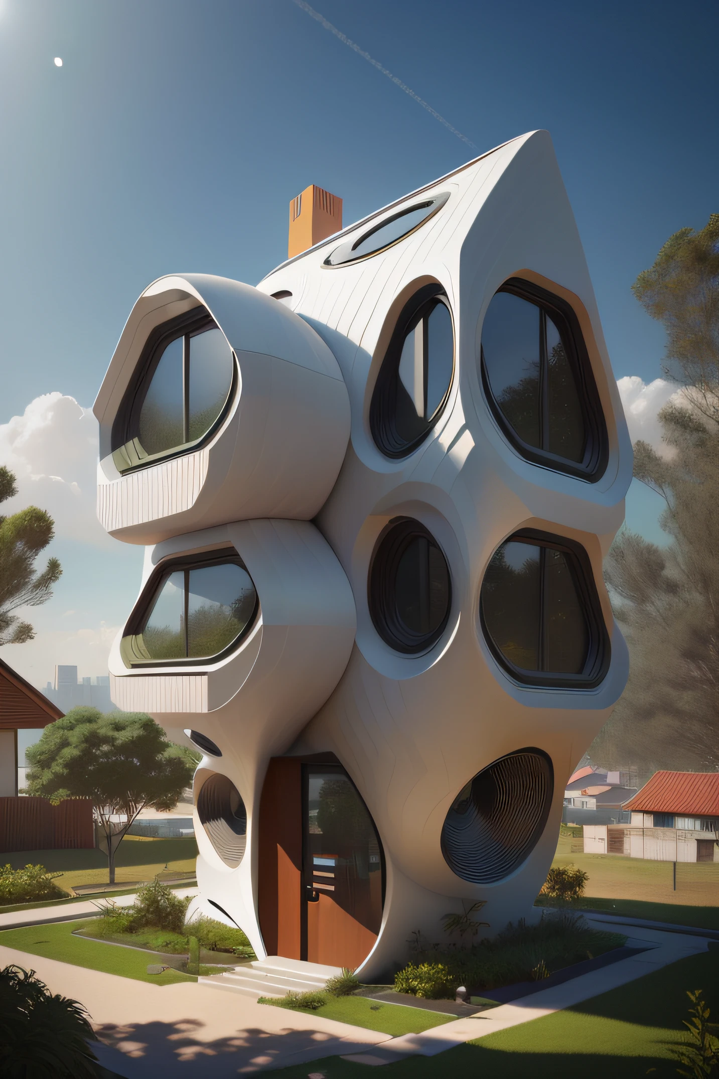There is a house with many windows, complexo de cabanas feito de tubos, casa futurista, arquitetura arredondada, organic architecture, No estilo de arte de Filip Hodas, Van Gogh and unique architecture!, inspirado em Filip Hodas, Directed by: Zha Shibiao, stylized as a 3d rendering, two organic looking towers, arquitetura futurista detalhada, de terracota