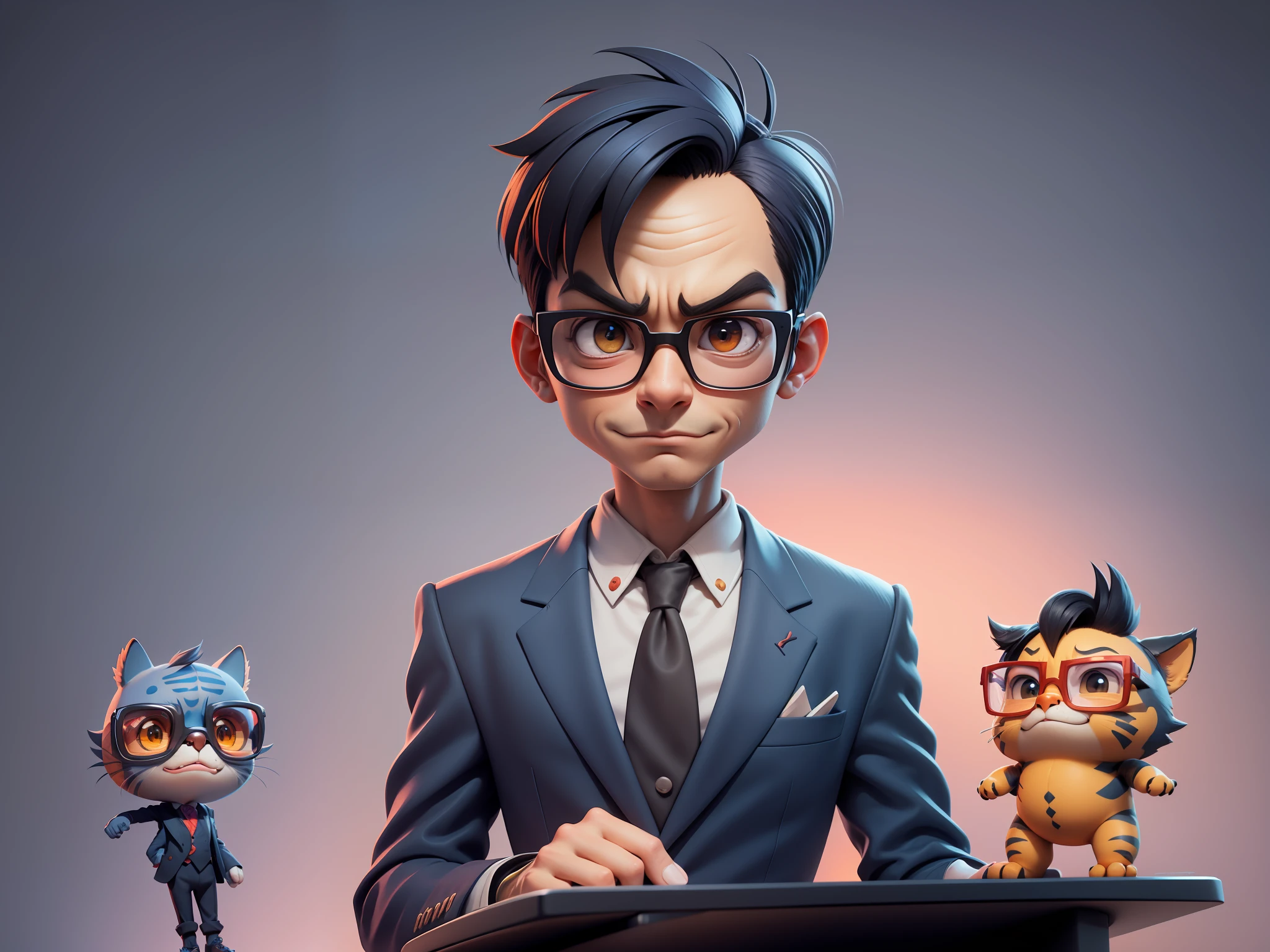 A young man in a suit and pants, Short hair and glasses sat at his desk，holding laptop，digitial painting，tigre，3D character design by Mark Clairen and Pixar and Hayao Miyazaki and Akira Toriyama，4K HD illustration，Very detailed facial features and cartoon-style visuals。