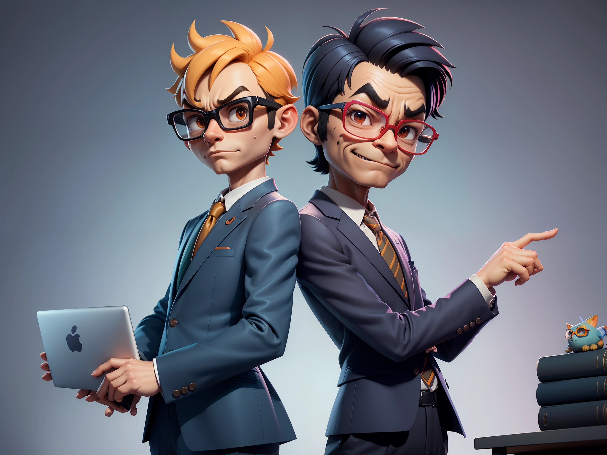 A young man in a suit and pants, Short hair and glasses sat at his desk,holding laptop,digitial painting,tigre,3D character design by Mark Clairen and Pixar and Hayao Miyazaki and Akira Toriyama,4K HD illustration,Very detailed facial features and cartoon-style visuals。