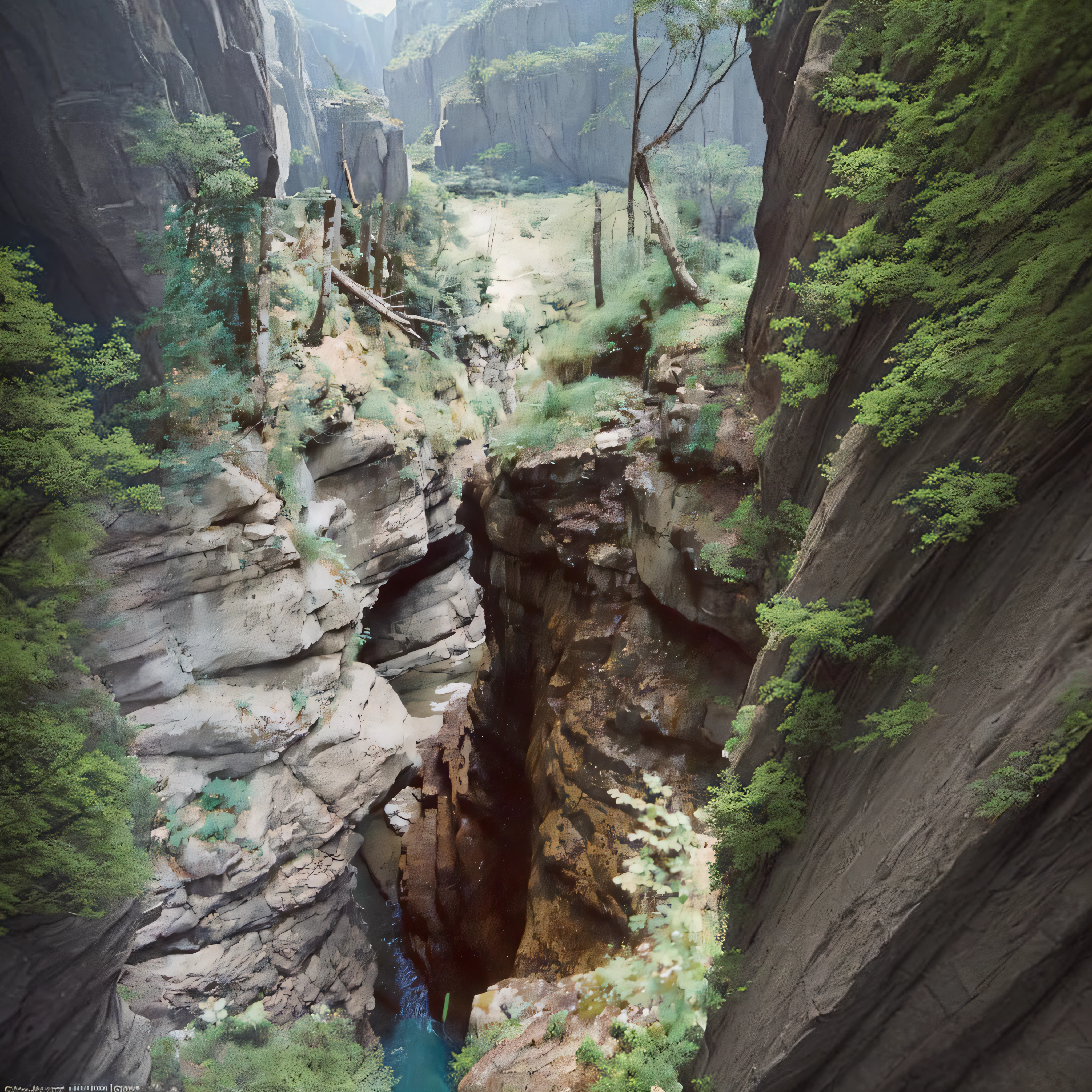 There is a small stream that runs through a narrow canyon in the forest., dentro de un desfiladero, Gorge on the mountain, Gran abismo, Abismo profundo, top of a canyon, barranco, canyon, Mysterious canyon streams, entre un desfiladero, cascada abajo, Mirando por un acantilado, Cannons, profundas grietas de piedra, Barranco colorido, abismo