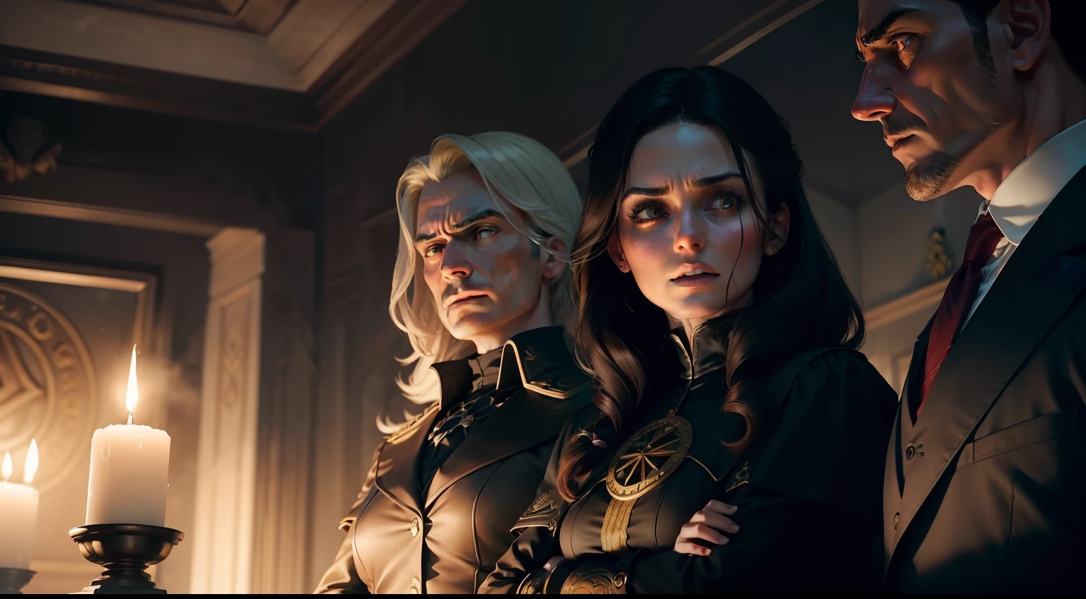 Create a dramatic confrontational scene, with Sarah facing the evil leaders of the city who conspired against Joseph Sinclair. They must be in a dark circle, cercados pelas chamas antigas que se erguem como um escudo protetor. Joseph's spirit must be present, pairando sobre a cena, watching justice finally being achieved.