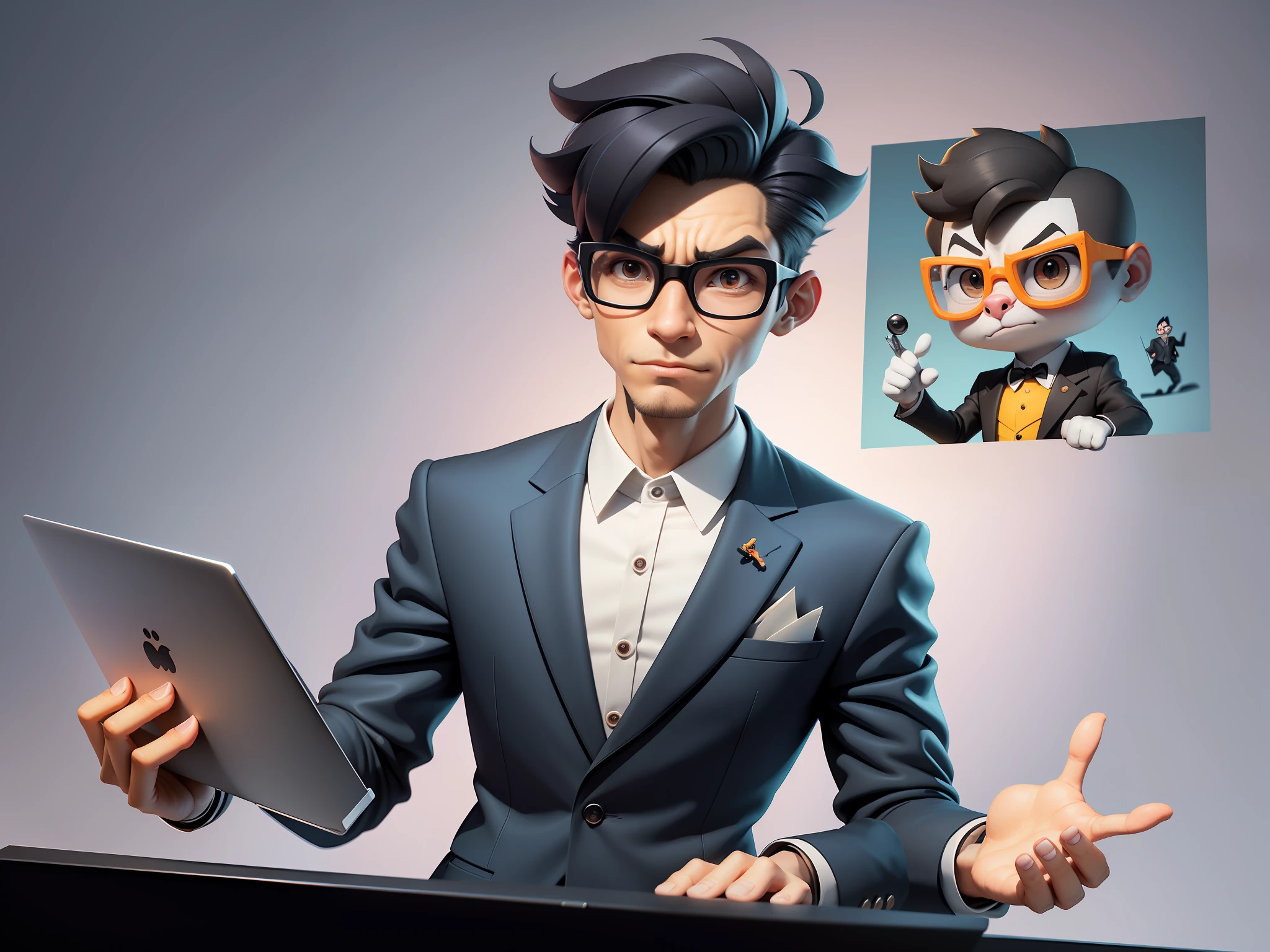 A young man in a suit and pants, Short hair and glasses sat at his desk,holding laptop,digitial painting,tigre,3D character design by Mark Clairen and Pixar and Hayao Miyazaki and Akira Toriyama,4K HD illustration,Very detailed facial features and cartoon-style visuals。