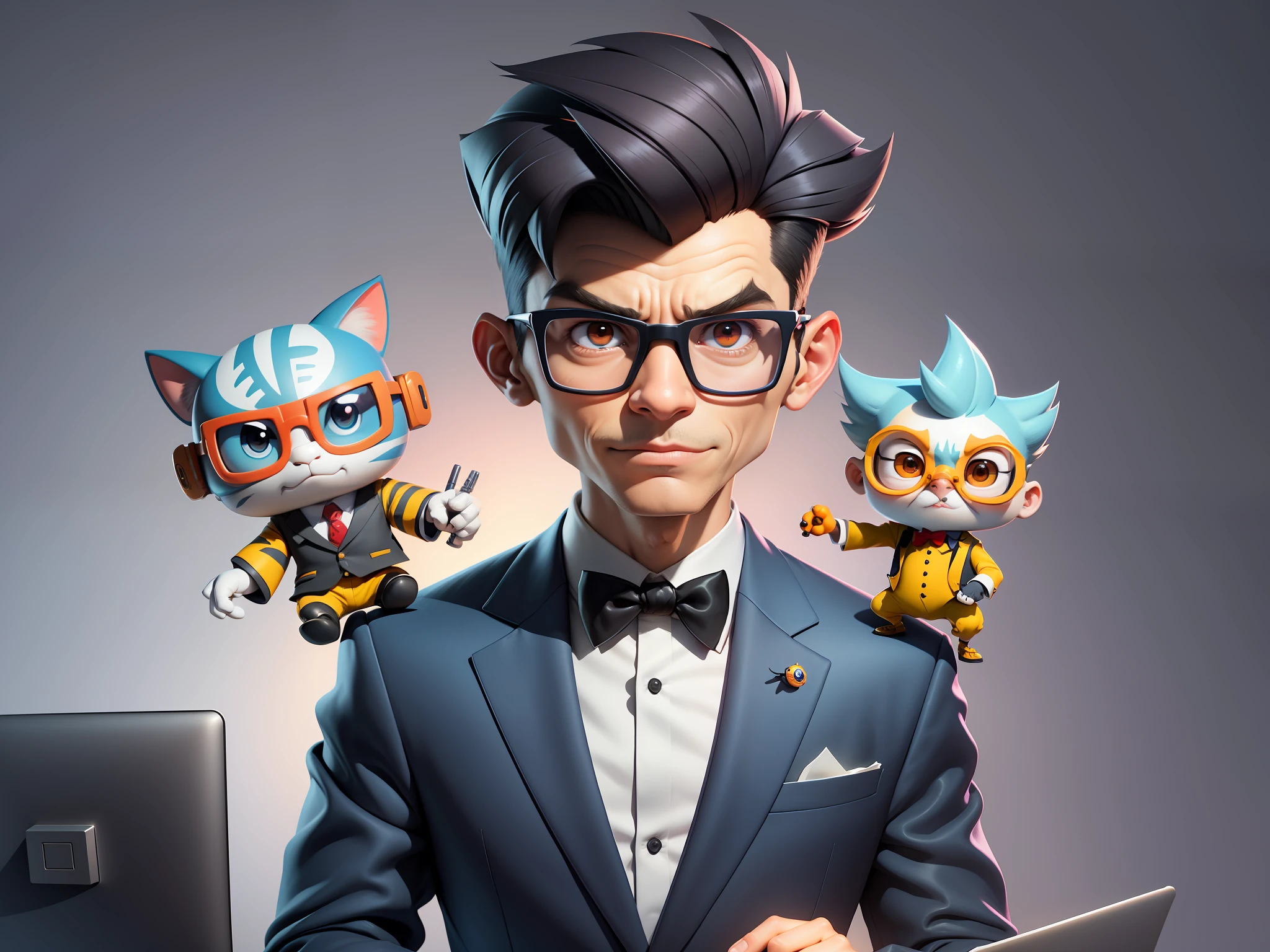 A young man in a suit and pants, Short hair and glasses sat at his desk,holding laptop,digitial painting,tigre,3D character design by Mark Clairen and Pixar and Hayao Miyazaki and Akira Toriyama,4K HD illustration,Very detailed facial features and cartoon-style visuals。