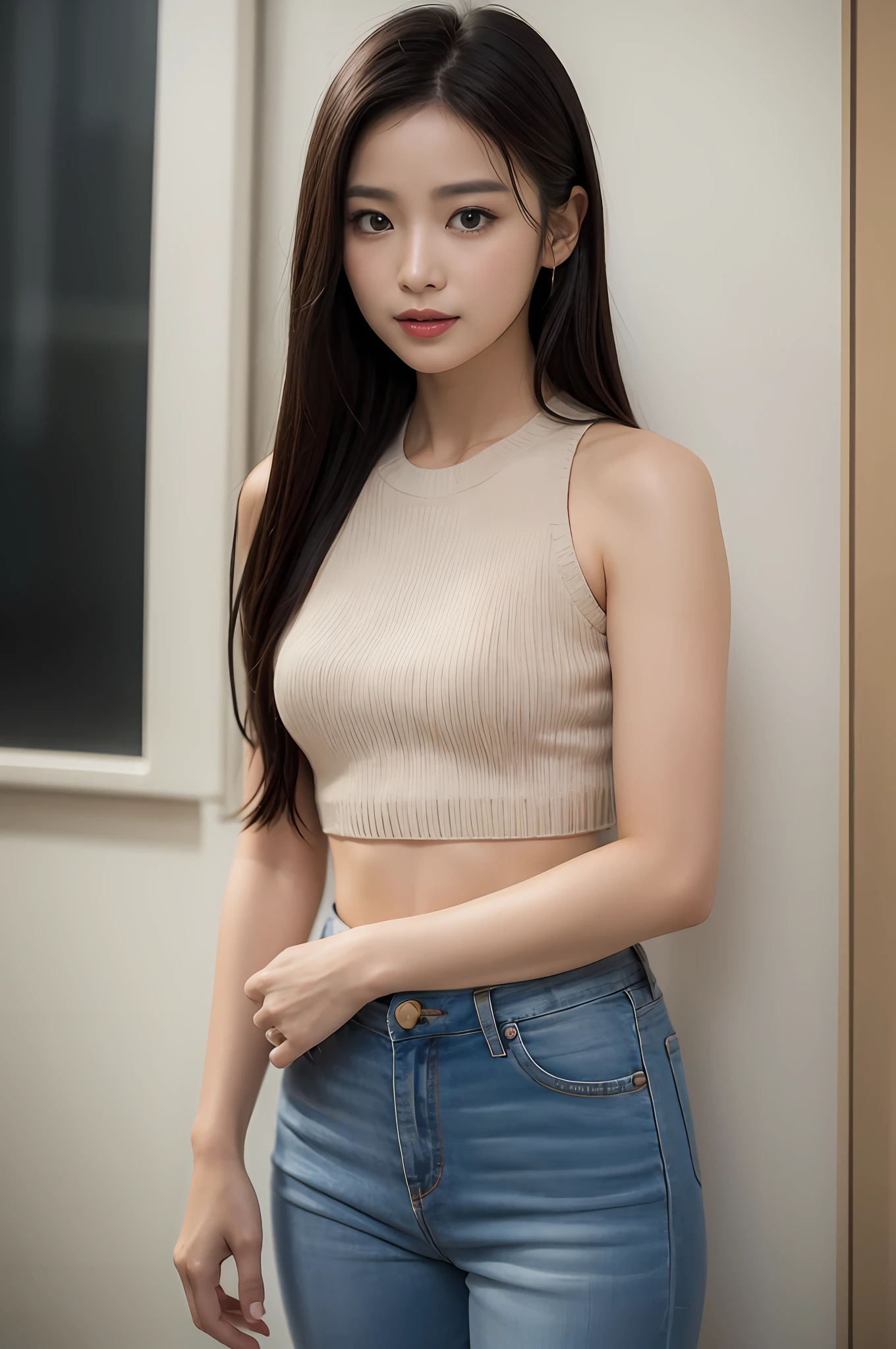 ((best qualtiy、8k masterpieces:1.3))、foco nítido:1.2、(ultra beautiful faces:1.0)、(shinny skin:1.0)、photos realistic、A dark-haired、Video Lighting、High-definition eyes and face、Video Lighting、(Korean Cute Actress)、from the front side、medium large breasts、ssmile、Sleeveless、Slender Abs Beauty、Wearing a tar neck knit