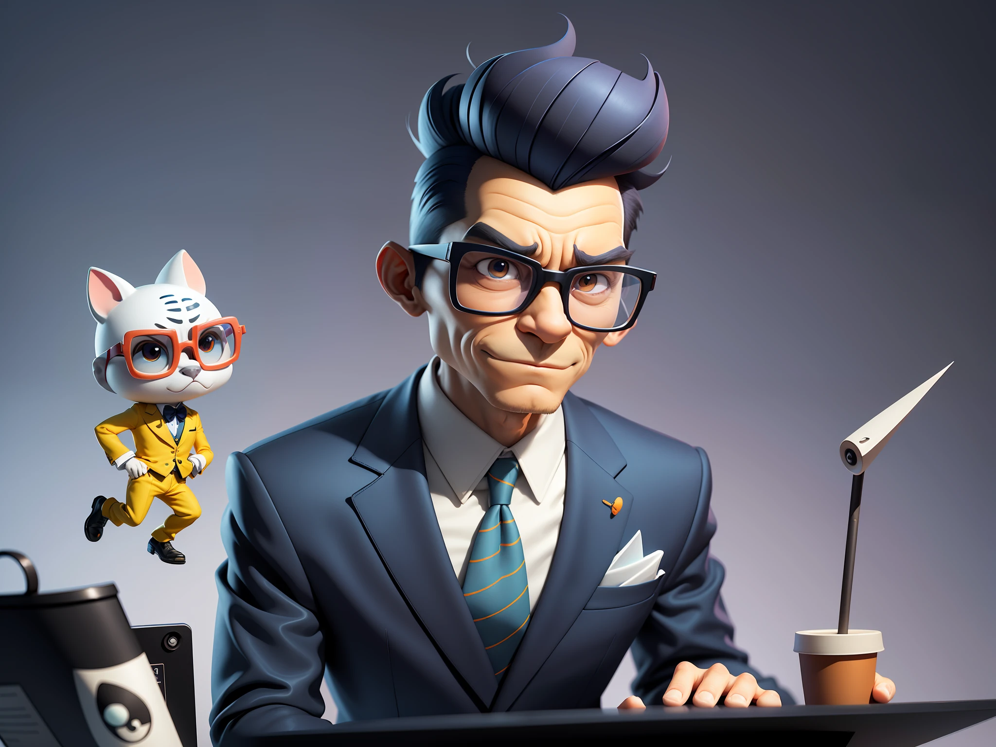 A young man in a suit and pants, Short hair and glasses sat at his desk，holding laptop，digitial painting，tigre，3D character design by Mark Clairen and Pixar and Hayao Miyazaki and Akira Toriyama，4K HD illustration，Very detailed facial features and cartoon-style visuals。