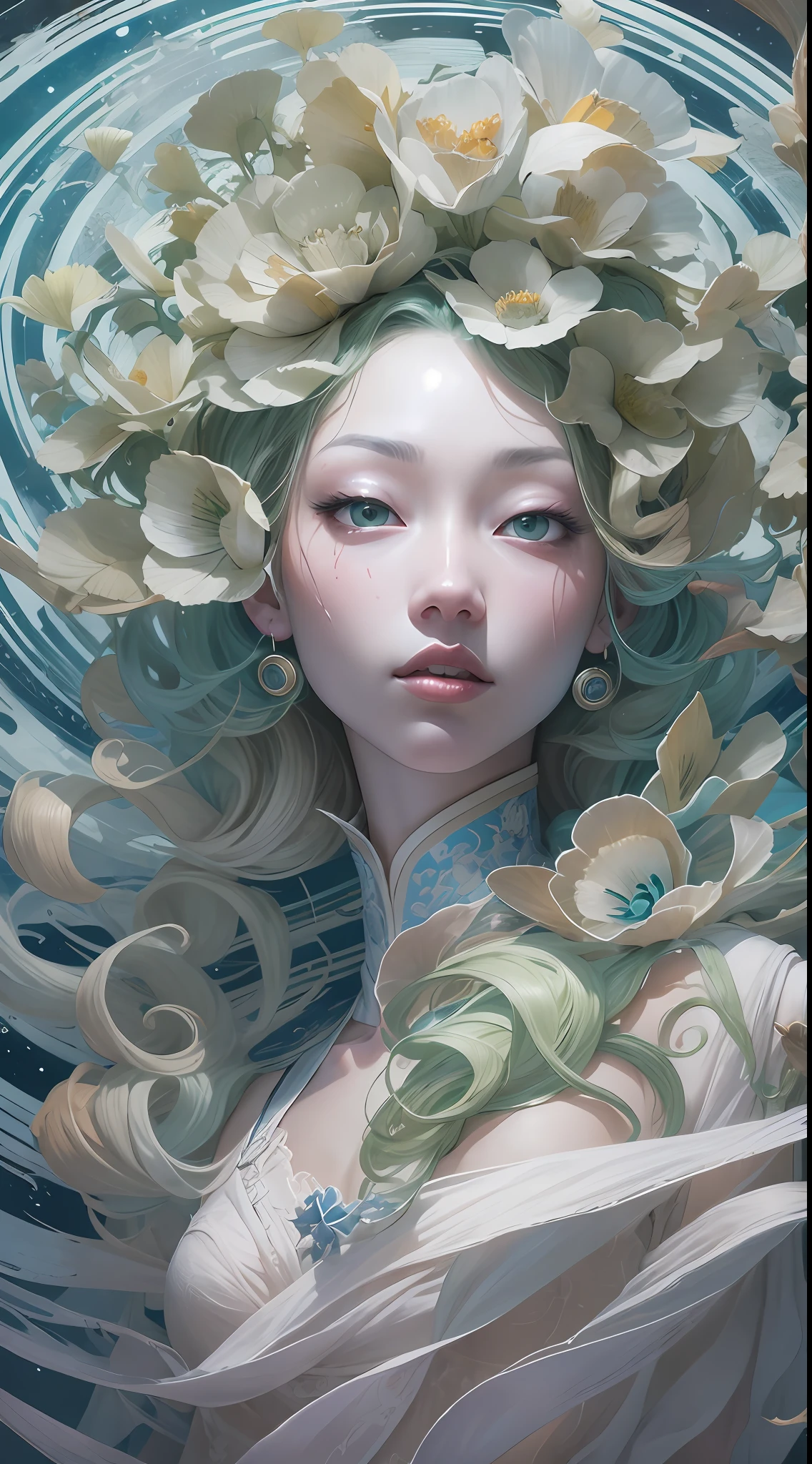 surrealism, conceptual art, classicism, back lit lighting, full bloom, Optical illusion, Wide-angle, Eye level shots, projected inset, hyper HD, Masterpiece, Textured skin, Super detail, High quality, Award-Awarded，Blue and white porcelain beauty，Green Swirl Soul, ornate and flowing, author：Tan Yang Kano,Ellen Jewett, Beeple e James Jean, author：Wen Boren, james jean and wlop, Chinese art, author：Ren Renfa, yanjun cheng, Thomas Villatte is intricate