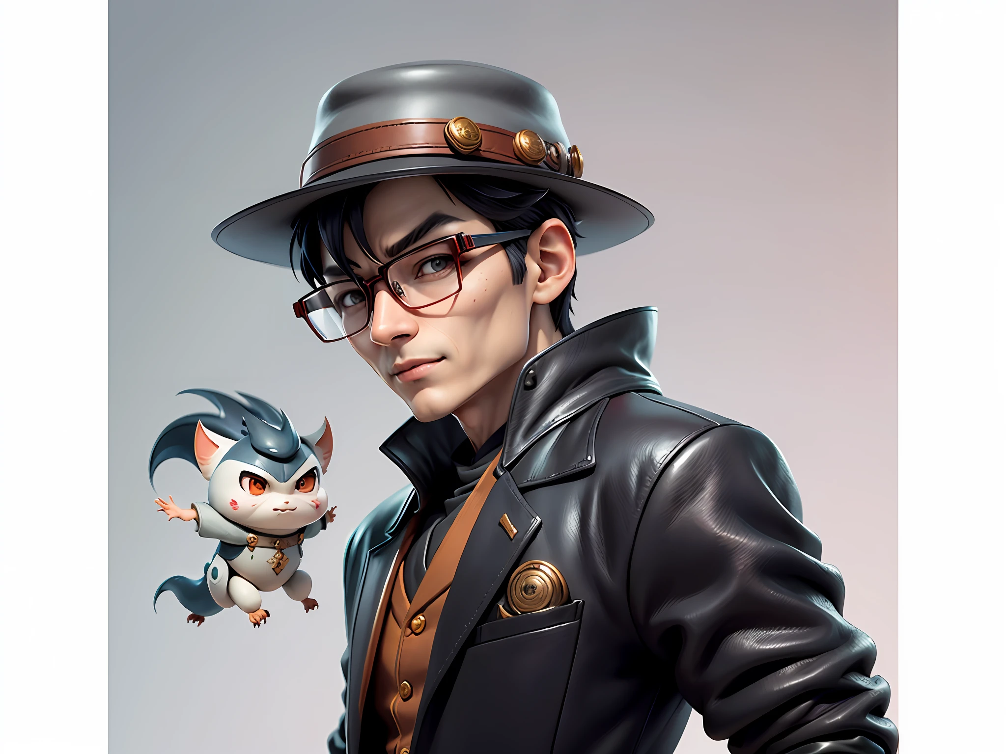 Young man with oriental face in leather hat, dragon, formal suit, short black hair, silver glasses, digital painting, 3D character design by Mark Clairedon and Pixar and Hayao Miyazaki and Akira Toriyama, the illustration is a high-definition illustration in 4K resolution with very detailed facial features and cartoon-style visuals.