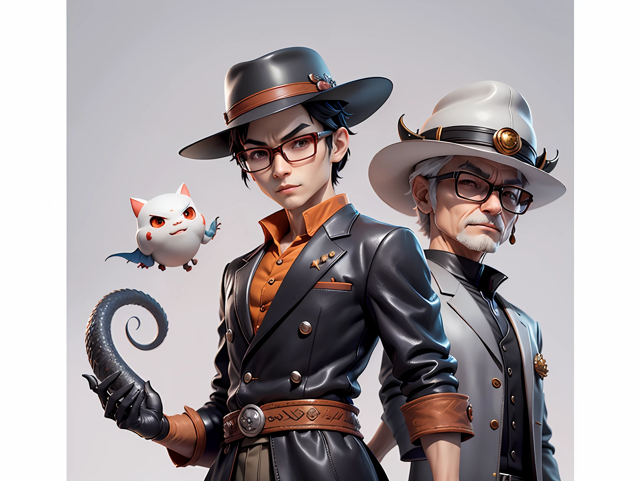 Young man with oriental face in leather hat, dragon, formal suit, short black hair, silver glasses, digital painting, 3D character design by Mark Clairedon and Pixar and Hayao Miyazaki and Akira Toriyama, the illustration is a high-definition illustration in 4K resolution with very detailed facial features and cartoon-style visuals.