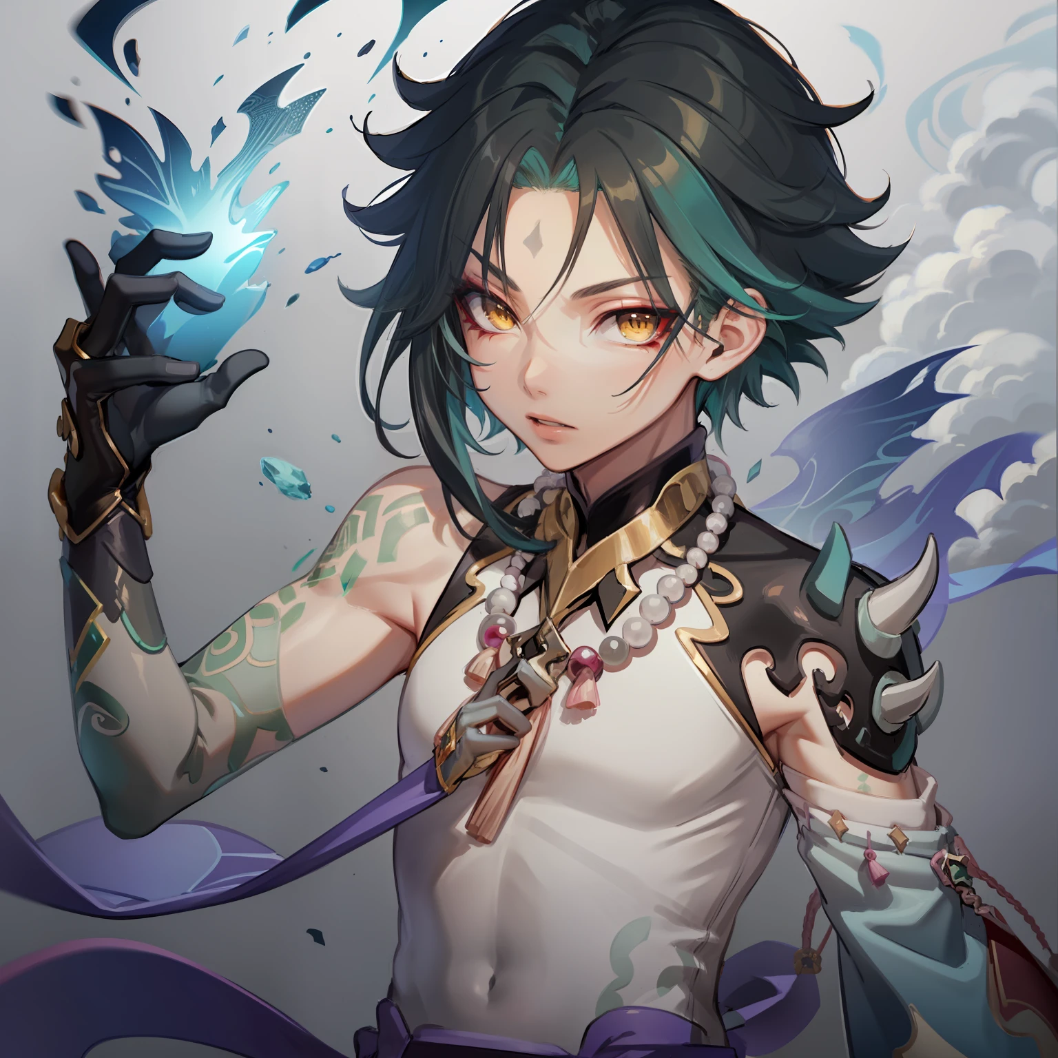 masterpiece, best quality,1boy, male focus, solo, xiao (genshin impact), gloves, tattoo, arm tattoo, necklace, cloud, jewelry, mask, green hair, bead necklace, multicolored hair, beads, yellow eyes, looking at viewer, (grey background:1.4),(kbxll:0.6)