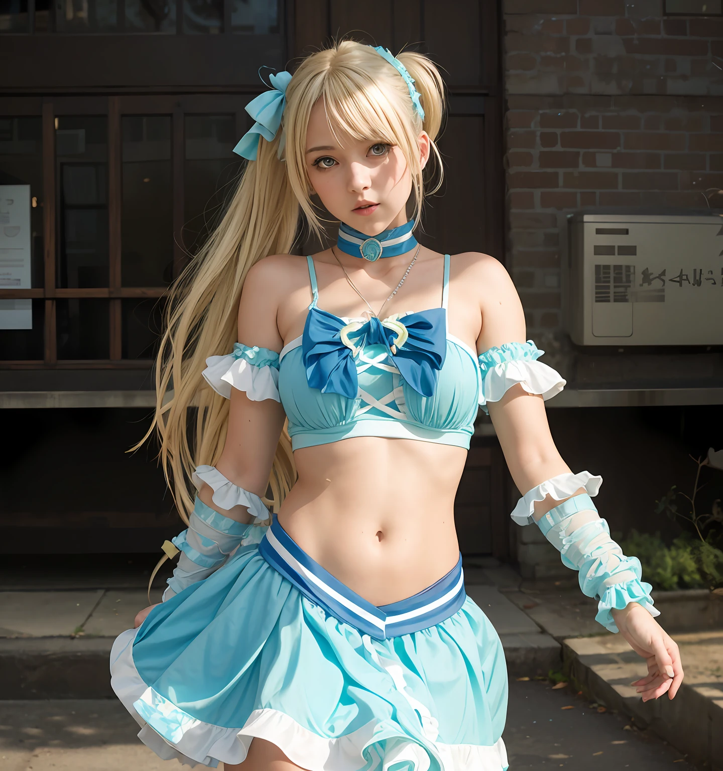 marie rose, blonde hair,cyan dress,navel,cyan skirt,walking pose,angry faced