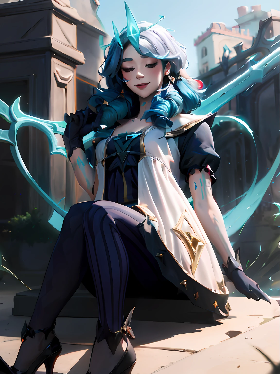 League of Legends Gwen, Wearing Viego''s crown, Viego's crown, Green Viego crown, Viego crown, 3 spiked Viego crown, 3 spiked glowing crown, glowing Viego crown, Viego headpieace, SFW, wink, winking, one eye closed, Gwen's dress, Gwen's outfit, Gwen's hair, Gwen's gloves, Gwen's shoes, Gwen's leggings, Blue hair, mouth closed, closed mouth smile, looking at viewer, 8k, official art, masterpiece, ultrasharp, blush, red blush, sitting down, legs crossed, crossed legs, right leg over left leg, full body