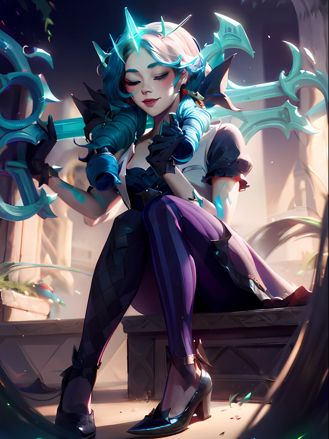 League of Legends Gwen, Wearing Viego''s crown, Viego's crown, Green Viego crown, Viego crown, 3 spiked Viego crown, 3 spiked glowing crown, glowing Viego crown, Viego headpieace, SFW, wink, winking, one eye closed, Gwen's dress, Gwen's outfit, Gwen's hair, Gwen's gloves, Gwen's shoes, Gwen's leggings, Blue hair, mouth closed, closed mouth smile, looking at viewer, 8k, official art, masterpiece, ultrasharp, blush, red blush, sitting down, legs crossed, crossed legs, right leg over left leg, full body