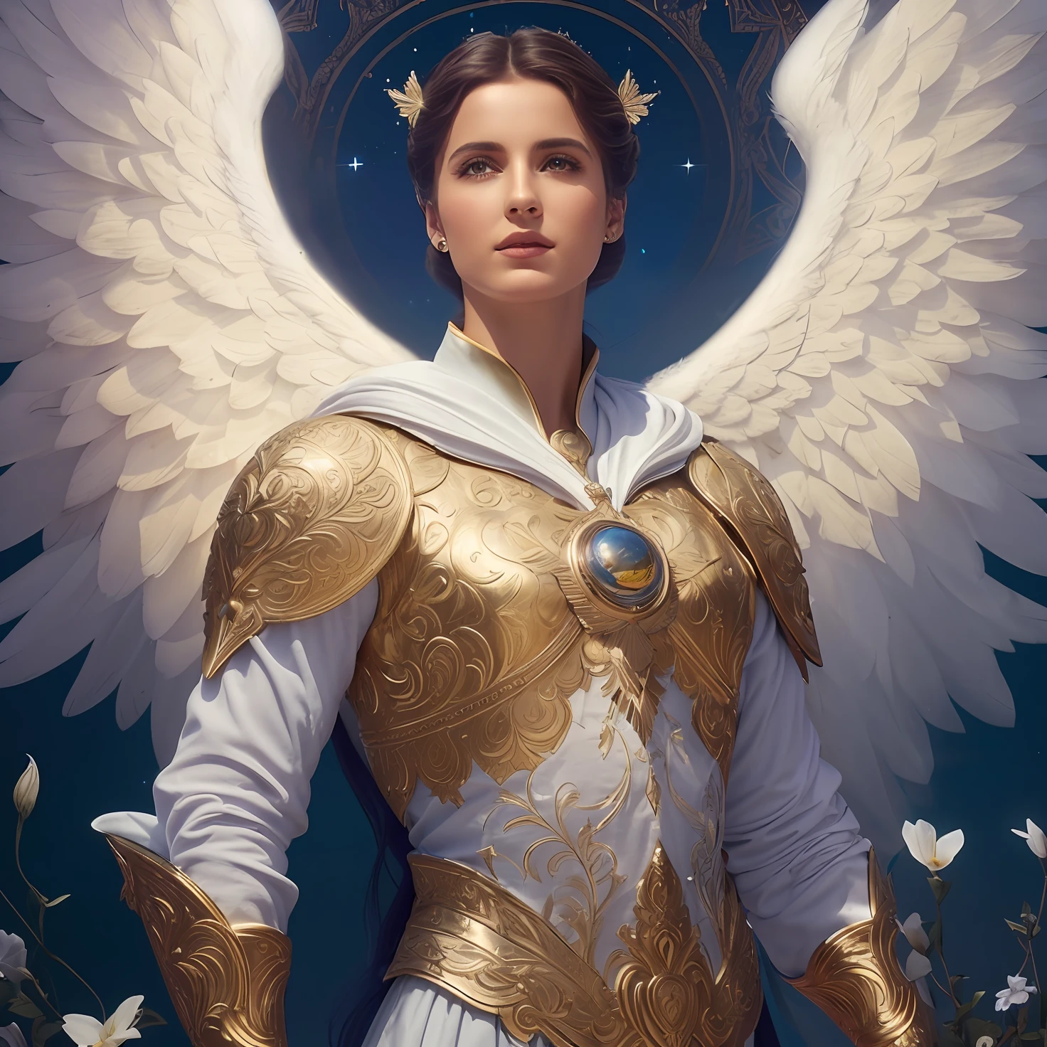 (((Blessed ANGEL GUARDIANy))) Obra maestra, (La mejor calidad: 1.2), (super fine: 1.2), illustration, (extremadamente delicado y hermoso: 1.2), movie angle, flotante, (Hermoso ojo de detalle: 1.1), (detalle luz: 1.1), Movie Lights, Cielo delicado, ojos azules, (Cola de caballo alta: 1.1), capa, ojuelos, (luna: 1. 2), (Luz de la luna: 1.1), cielo estrellado, (light particles: 1.1) dibujo, flor. (Obra maestra), (La mejor calidad), (fotorrealista:1.3), 8k, Textura detallada de la piel, Textura detallada de la tela, Hermosa cara detallada, Detalles intrincados, Ultra detallado (cuerpo de cuerpo entero:1.2)