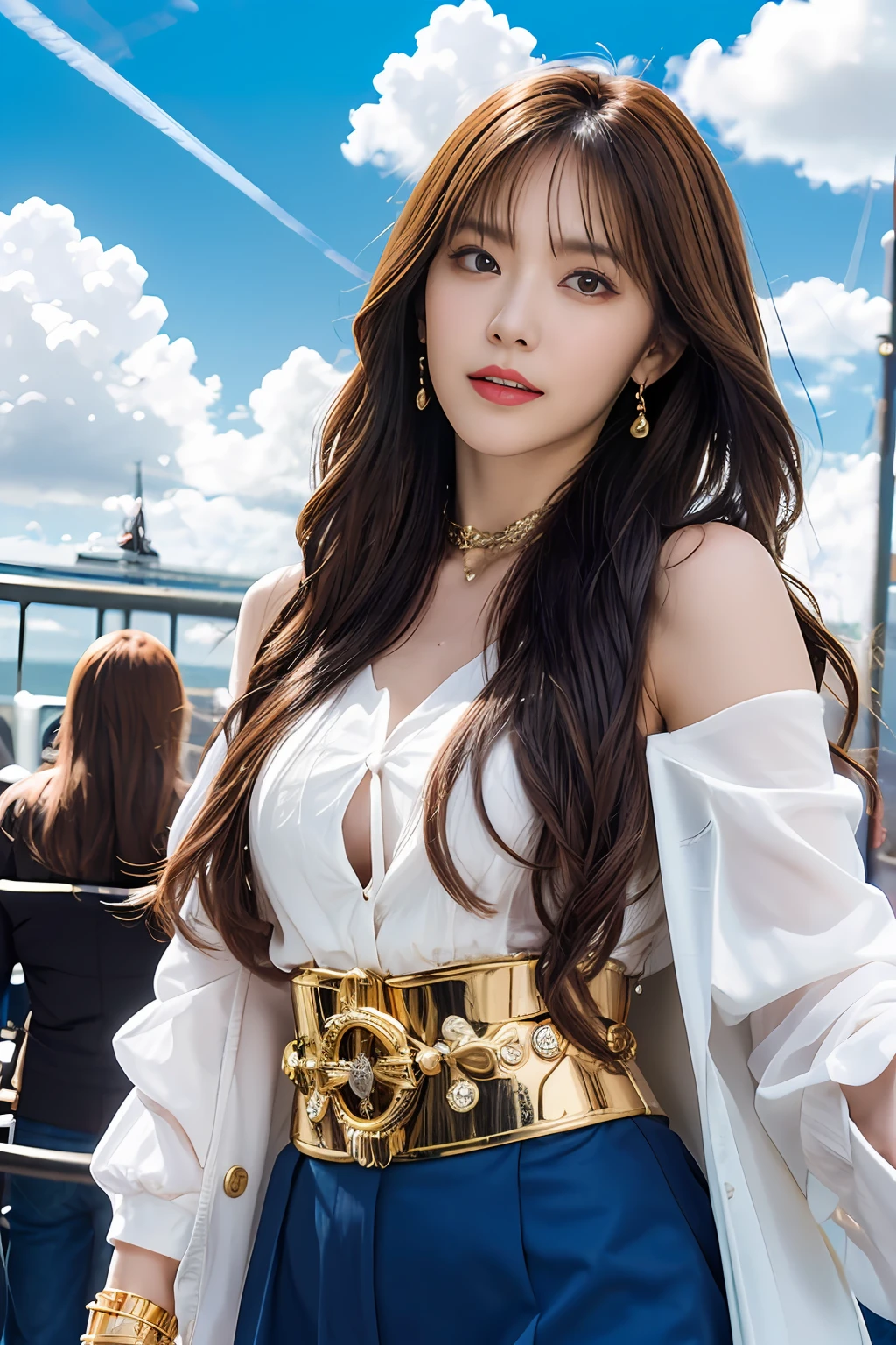 (((masutepiece+Best Quality+High resolution+Ultra-detailed))), Nami\(One piece\), long silky orange hair, High Nose, Sharp eyes, noble and inviolable temperament, (([Female]: 1.2 + [Beauty]: 1.2 + Orange long hair: 1.2)), pirate ship background, ((she is holding a clima-tact)), Blue sky, gold bracelets, Clouds, white long sleeve mini dress and donned another belt, Tattoos on the shoulder, Bright eyes, dynamic angle and posture.