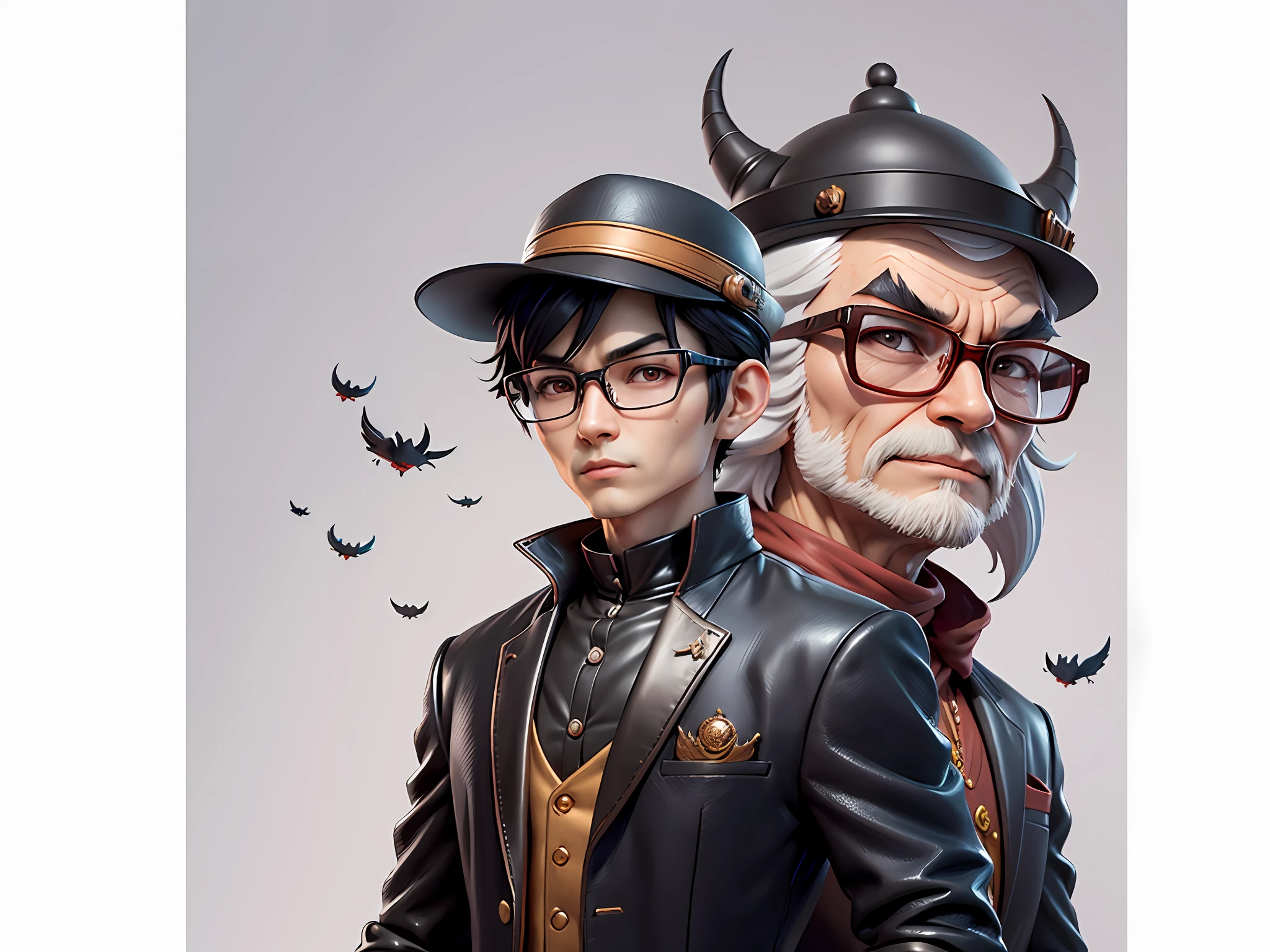 Young man with oriental face in leather hat, dragon, formal suit, short black hair, silver glasses, digital painting, 3D character design by Mark Clairedon and Pixar and Hayao Miyazaki and Akira Toriyama, the illustration is a high-definition illustration in 4K resolution with very detailed facial features and cartoon-style visuals.