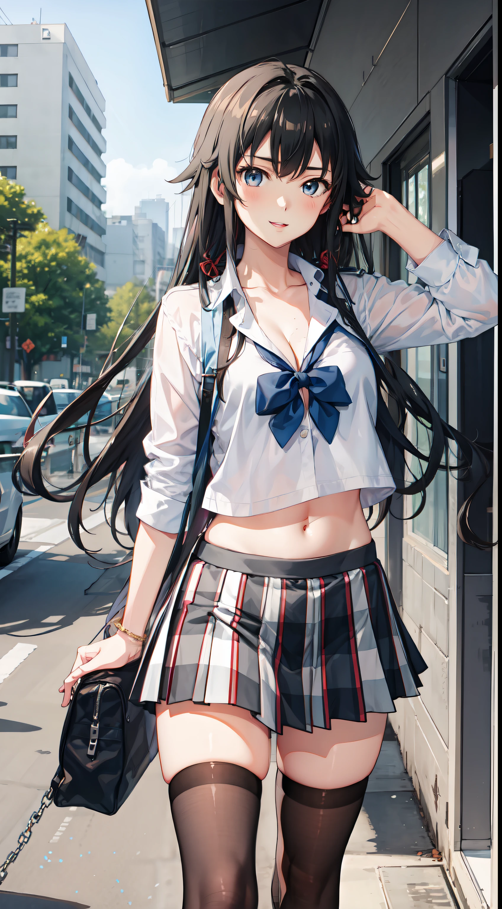 Yukino yukinoshita, long hair, cleavage, navel, slim legs, black hair, blue eyes, short skirt, thigh high socks, , happy, school uniform, park, Belly