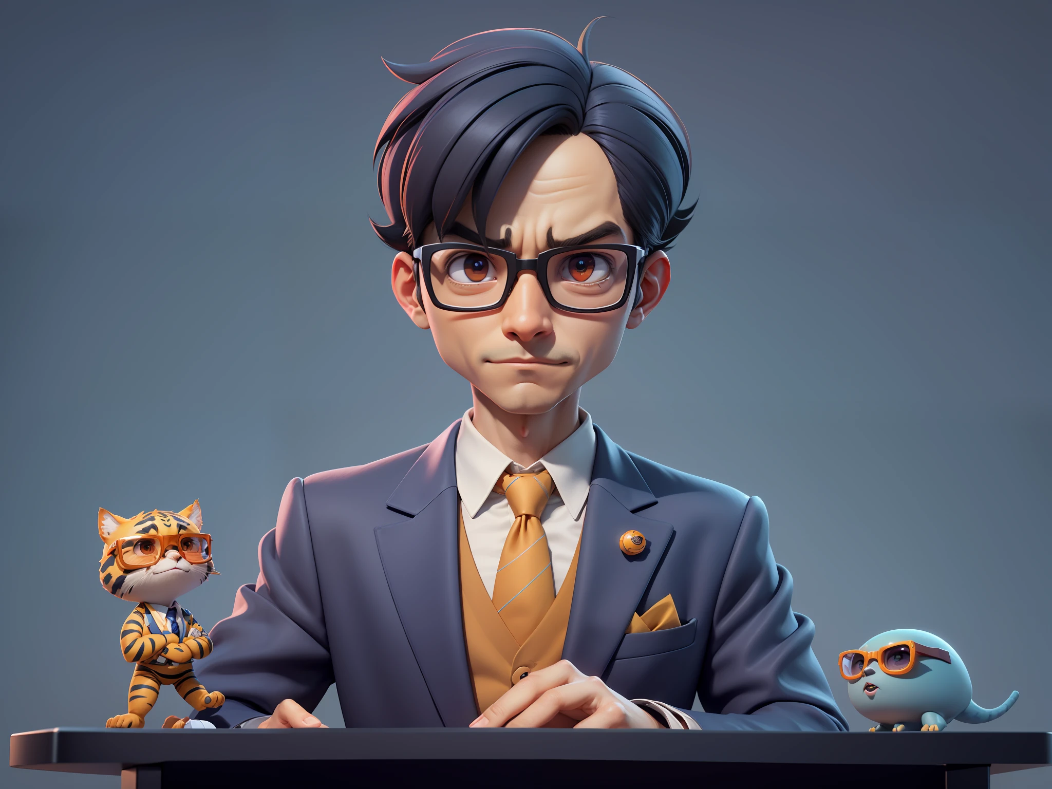 A young man in a suit, Short hair and glasses sat at his desk，holding laptop，digitial painting，tigre，3D character design by Mark Clairen and Pixar and Hayao Miyazaki and Akira Toriyama，4K HD illustration，Very detailed facial features and cartoon-style visuals。