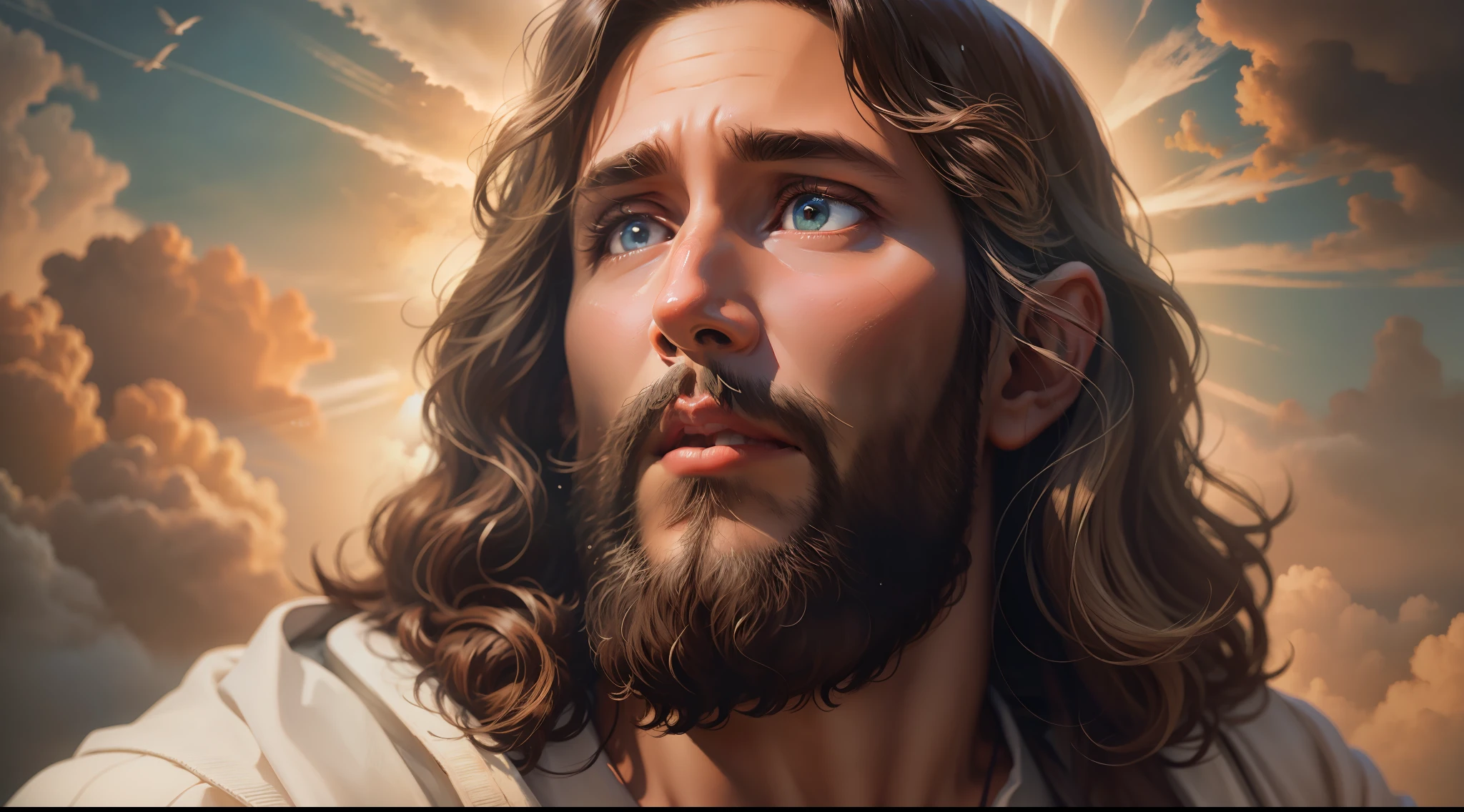 "[a realistic painting of Jesus up close amid the clouds of a cinematic sky]"