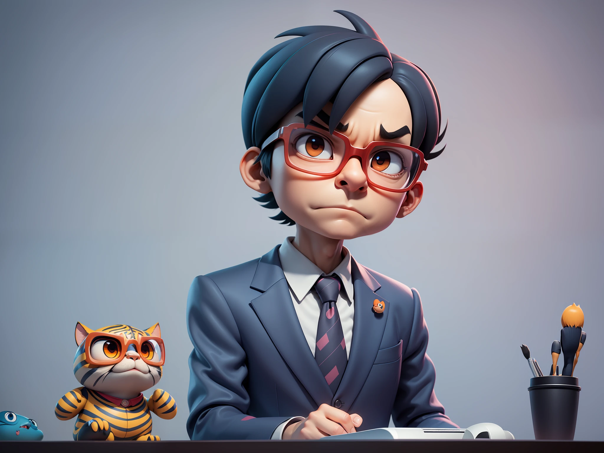 A young man in a suit, Short hair and glasses sat at his desk,holding laptop,digitial painting,tigre,3D character design by Mark Clairen and Pixar and Hayao Miyazaki and Akira Toriyama,4K HD illustration,Very detailed facial features and cartoon-style visuals。