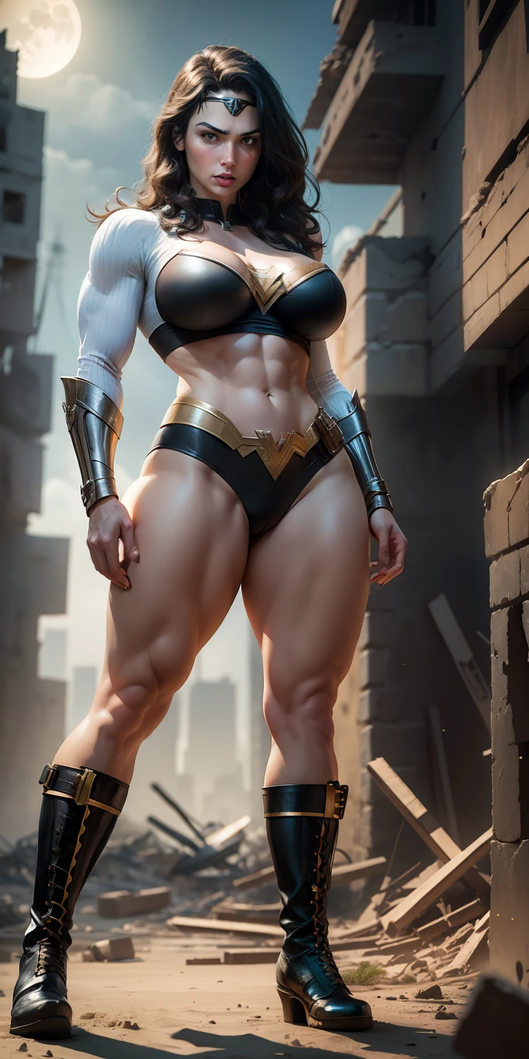 Movie poster, character design (gal gadot) wearing a dessert combat uniform, standing alone in the ruins of the apocalypse, with a cool expression, muscular woman hero, heroic female pose, tall and burly, muscular! Wearing sexy bra, (big breast:1.4), sexy charming muscular leg muscles, tall burly, creamy white combat suit, super gain and cool, high resolution committee, cream combat boots, attractive strong female, bright moonlight on the body, lonely