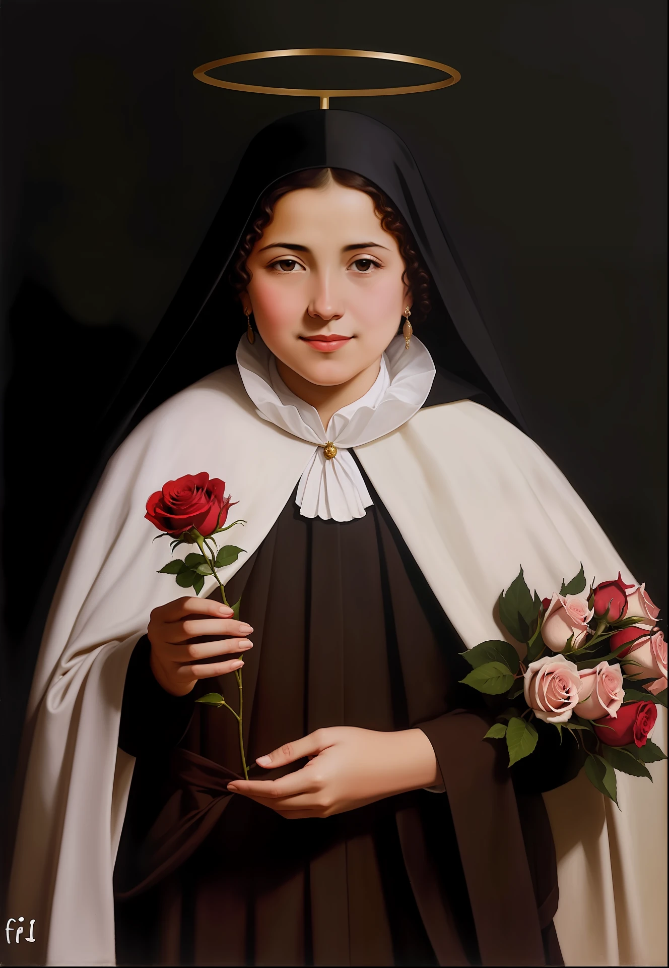 Freira linda, smiling and holding a rose and a halo, Francisco de Zurbaran, majestosa mulher de santo, Zurbaran, inspired by Thomas Aquinas Daly, inspirado por Francis Helps, Directed by: Francisco de Zurbarán, inspired by Barthélemy d'Eyck, inspirado em Petrus Christus, inspired by Francisco de Zurbarán
