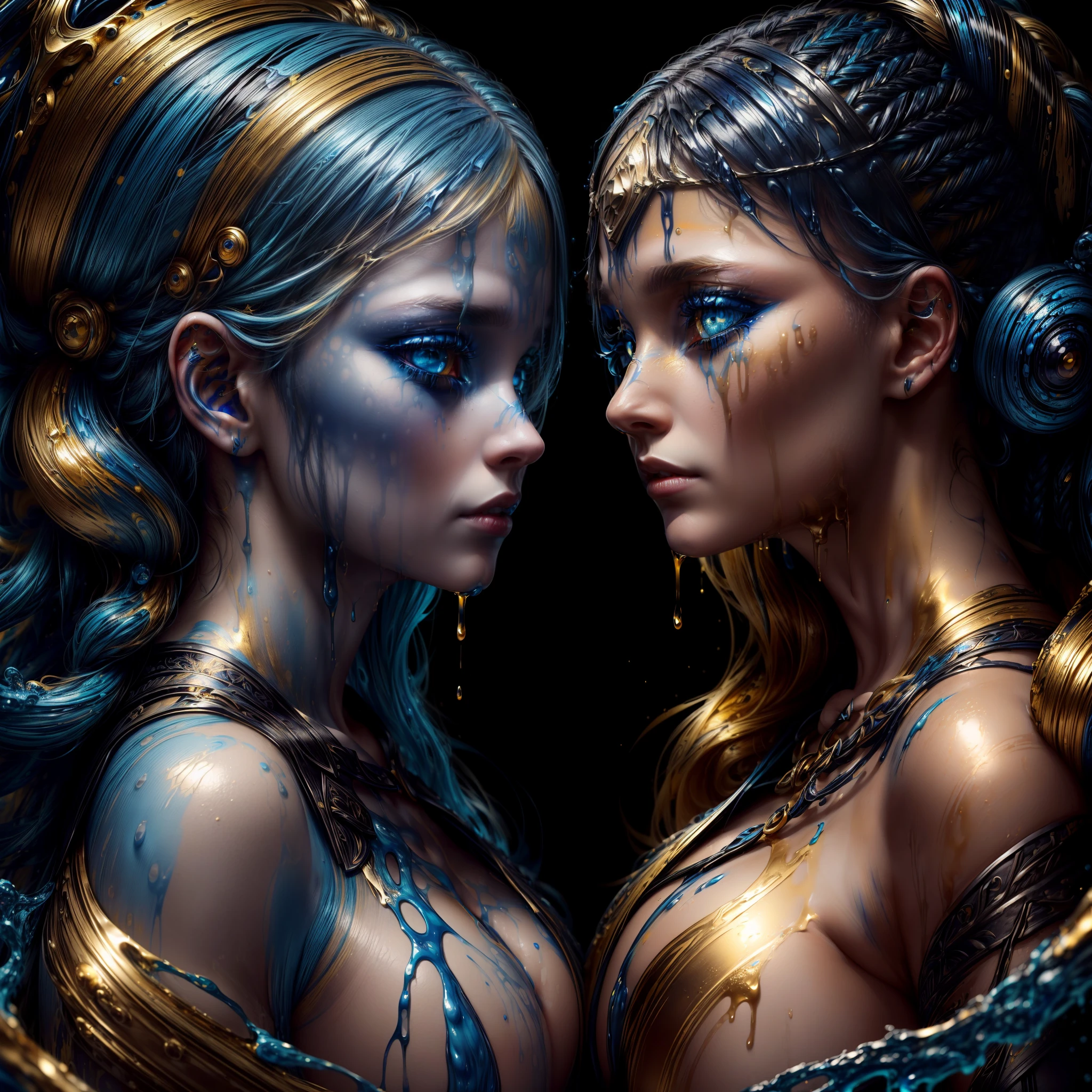 (one woman has blue eys, golden hair and is covered in orange yellow liquid paint), (another woman has golden eyes, black hair and is covered in blue liquid paint), (masterpiece, 8k, extreme detail, level detail, layer detail, layers, liquid detail), vibrant colours, (detailed: 1.5)