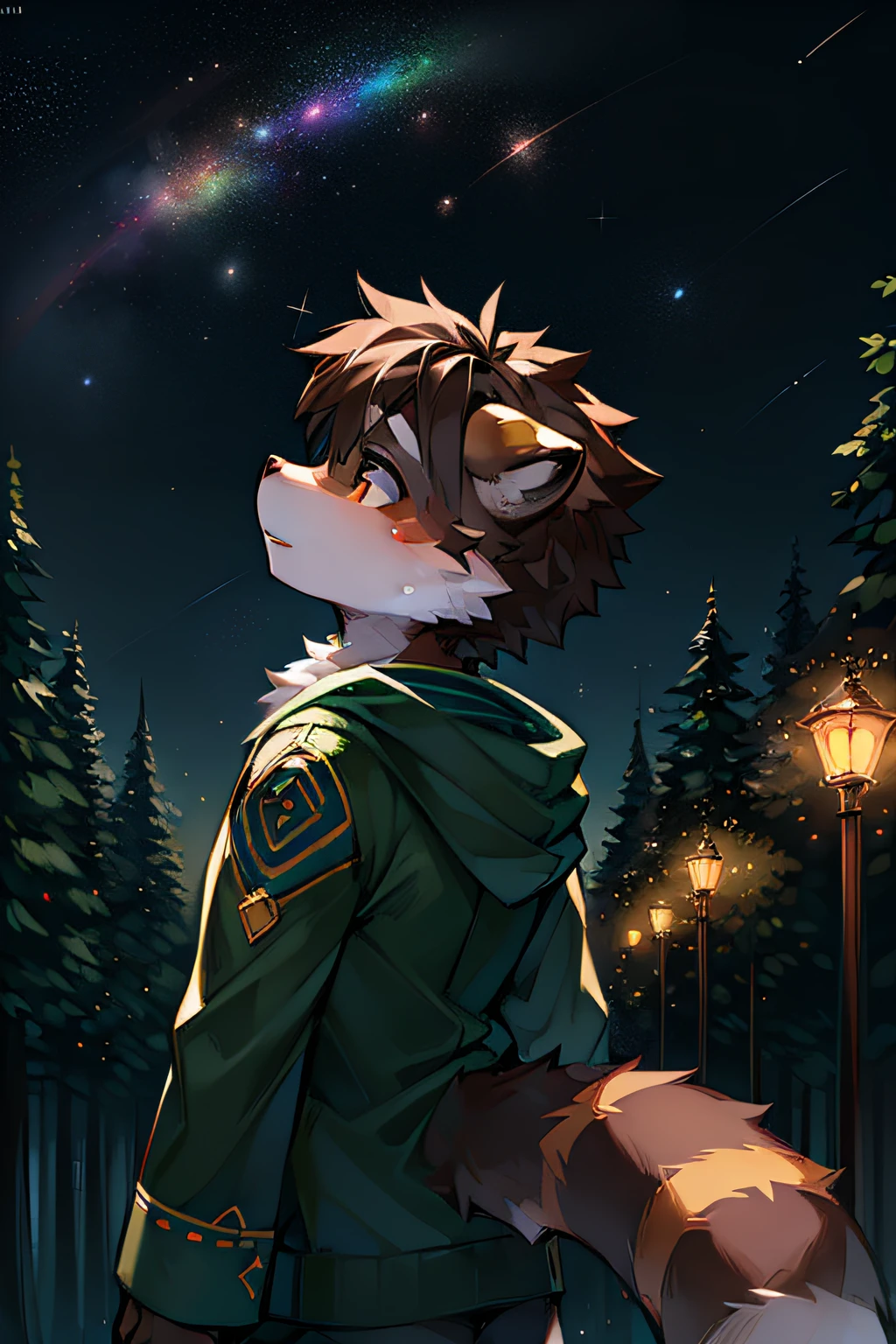 1 boy, brown raccoon, kemono, gazing up at the stars, luminosity, planets, rainbow stars, shooting star, starburst, chromatic. fantasy setting, forest, night time