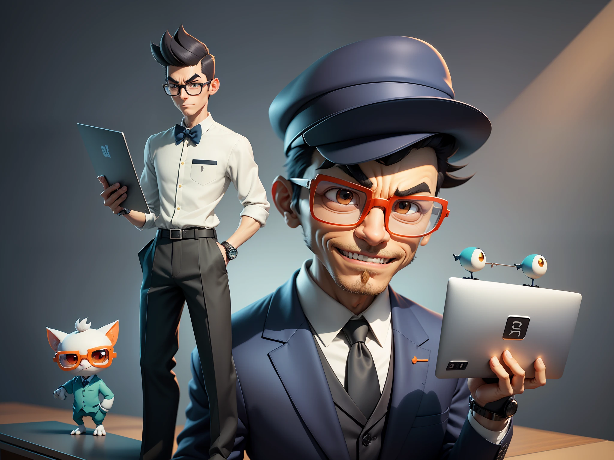 A young man in a suit and pants, Short hair and glasses sat at his desk,holding laptop,digitial painting,tigre,3D character design by Mark Clairen and Pixar and Hayao Miyazaki and Akira Toriyama,4K HD illustration,Very detailed facial features and cartoon-style visuals。