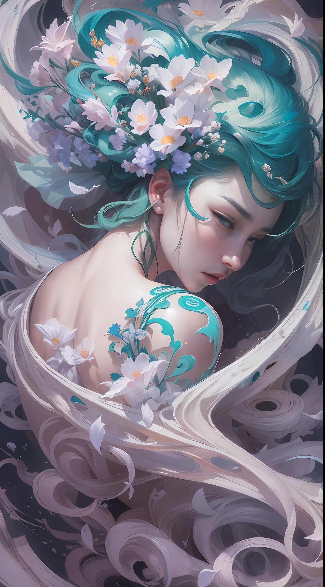 surrealism, conceptual art, classicism, back lit lighting, full bloom, Optical illusion, Wide-angle, Eye level shots, projected inset, hyper HD, Masterpiece, Textured skin, Super detail, High quality, Award-Awarded,Blue and white porcelain beauty,Green Swirl Soul, ornate and flowing, author:Tan Yang Kano,Ellen Jewett, Beeple e James Jean, author:Wen Boren, james jean and wlop, Chinese art, author:Ren Renfa, yanjun cheng, Thomas Villatte is intricate