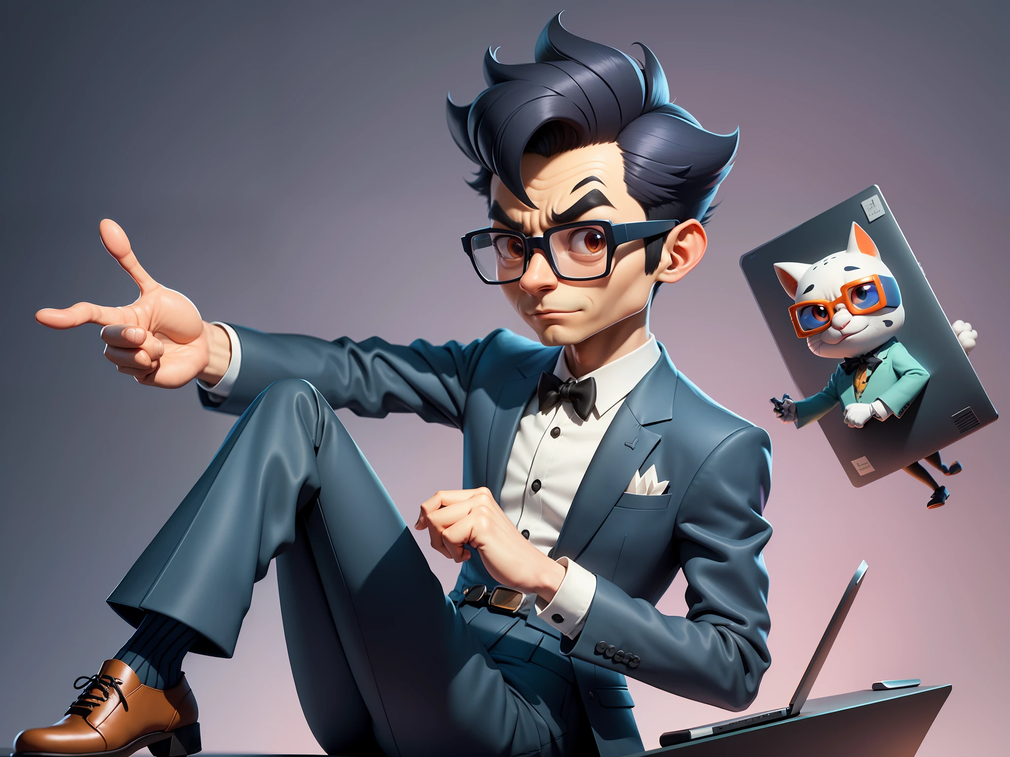 A young man in a suit and pants, Short hair and glasses sat at his desk,holding laptop,digitial painting,tigre,3D character design by Mark Clairen and Pixar and Hayao Miyazaki and Akira Toriyama,4K HD illustration,Very detailed facial features and cartoon-style visuals。