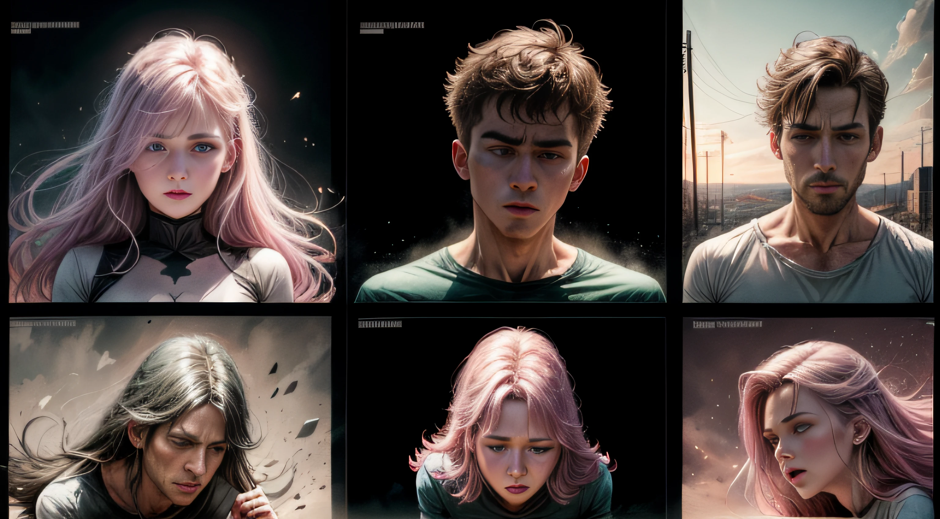Comicseite im Graphic-Novel -Stil, audrucksstarke Aquarellzeichnungen, Five comic panels of different sizes. In the story told, a man separates from his wife. Trauer, pink, lila, blau