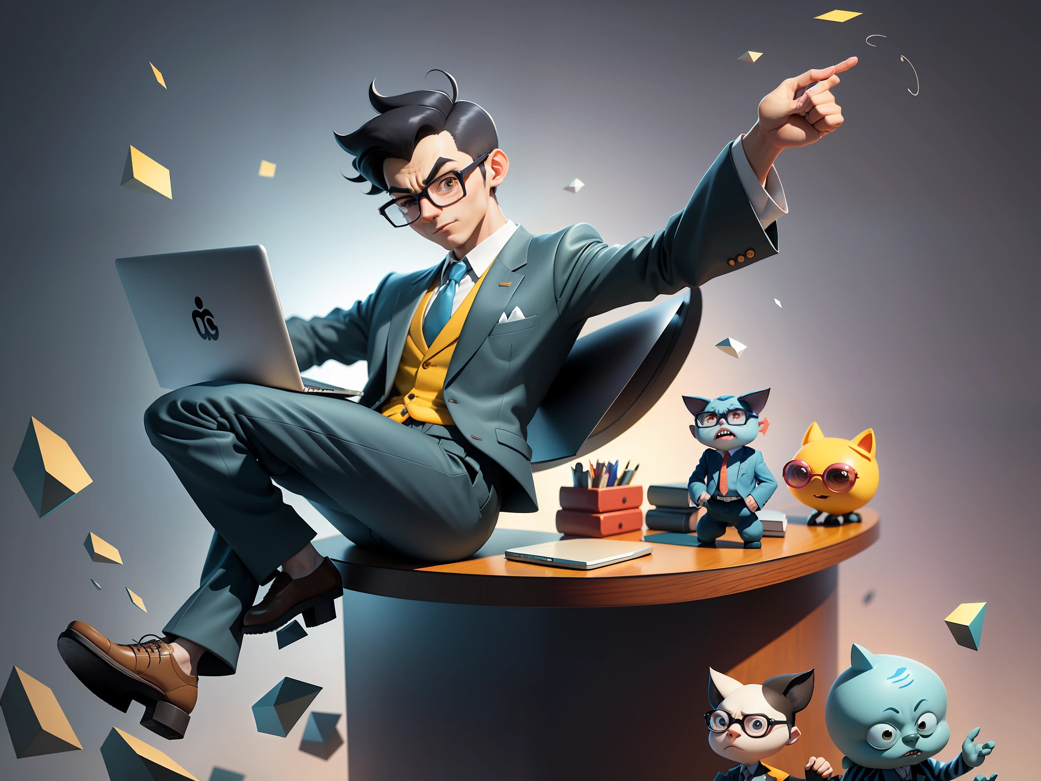A young man in a suit and pants, Short hair and glasses sat at his desk,holding laptop,digitial painting,tigre,3D character design by Mark Clairen and Pixar and Hayao Miyazaki and Akira Toriyama,4K HD illustration,Very detailed facial features and cartoon-style visuals。