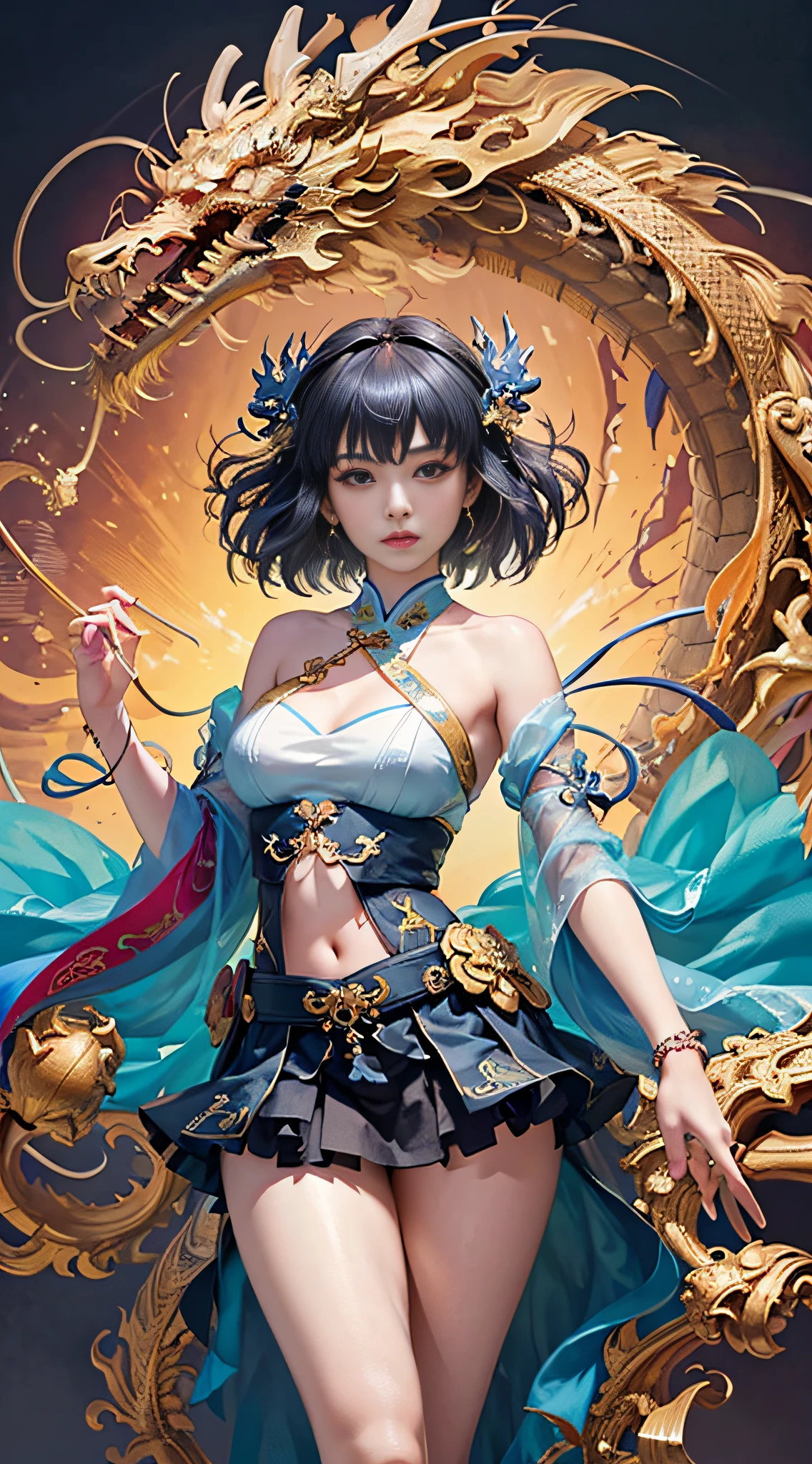 offcial art,统一 8k 壁纸,ultra - detailed,Beauty and aesthetics,tmasterpiece,best qualtiy,(zentangle,tangle,entangle),(s fractal art:1.4),(The character is centered:1.2),1girl,black color hair,chineseidol,cropped shoulders,long skirt,small thighs,nabel,The is very detailed,dynamic angle,cowboyshot,(Chaos in its most beautiful form),flowy,(vivd colour),OC,(A half body:1.2),Chinese big breasts,(thangka flying sky:1.5),(ribbons:1.3),(dream magical:1.5),(Hanfu:1.5),chinesedragon,(ssmile:0.5 ),(chinese deity),