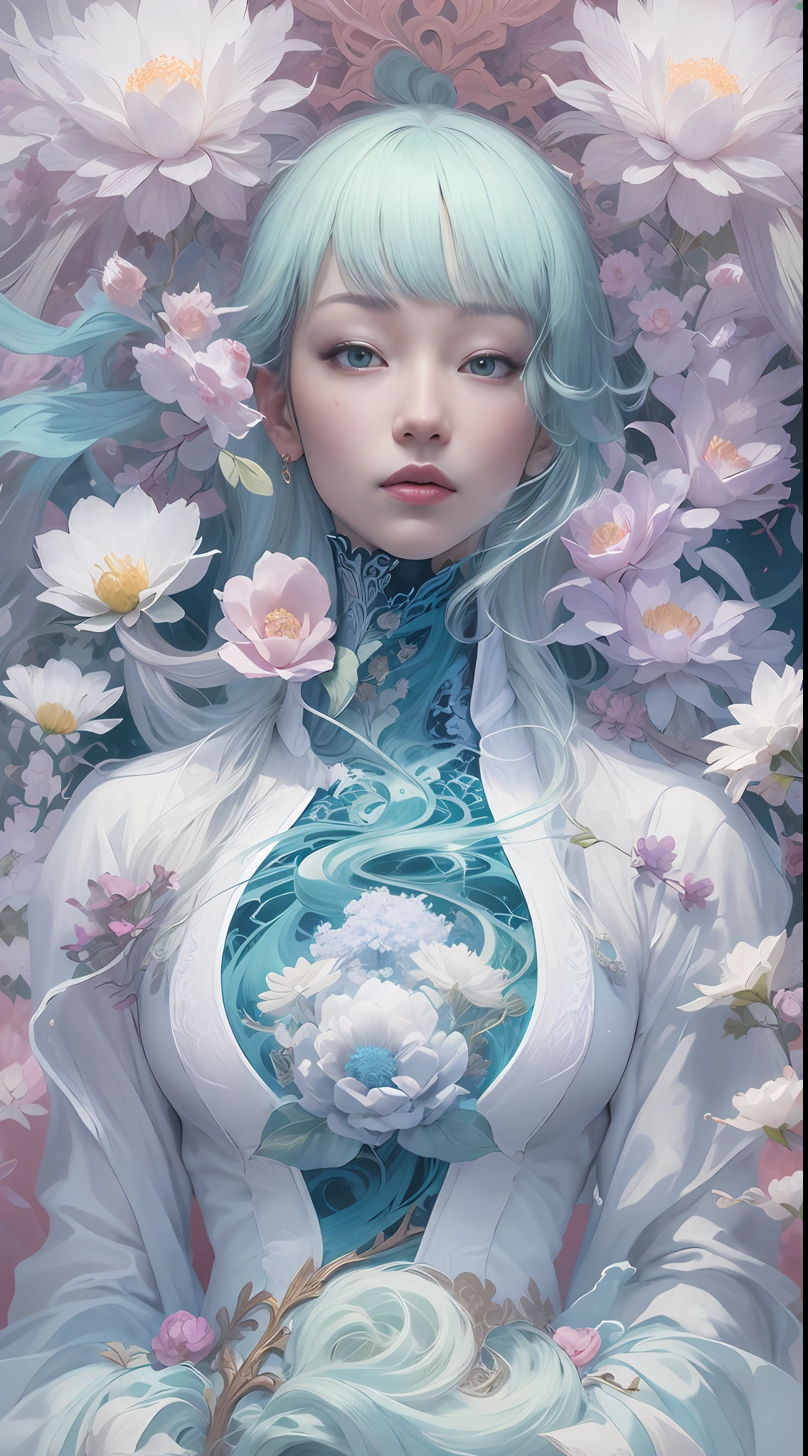 surrealism, conceptual art, classicism, back lit lighting, full bloom, Optical illusion, Wide-angle, Eye level shots, projected inset, hyper HD, Masterpiece, Textured skin, Super detail, High quality, Award-Awarded，Blue and white porcelain beauty，Green Swirl Soul, ornate and flowing, author：Tan Yang Kano,Ellen Jewett, Beeple e James Jean, author：Wen Boren, james jean and wlop, Chinese art, author：Ren Renfa, yanjun cheng, Thomas Villatte is intricate
